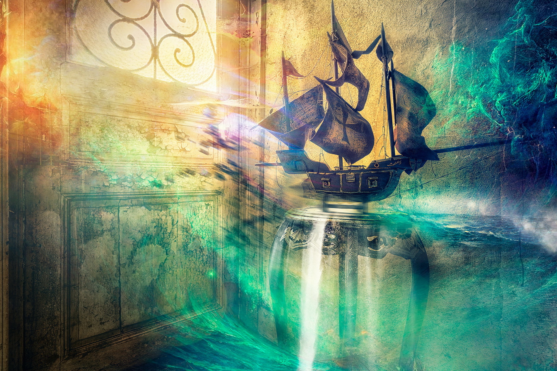 Download mobile wallpaper Magic, Fantasy, Smoke, Waterfall, Ship for free.