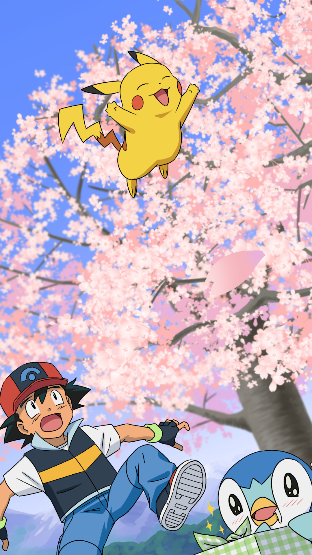Baixar papel de parede para celular de Anime, Pokémon, Flor De Cerejeira, Pikachu, Piplup (Pokémon), Ash Ketchum gratuito.