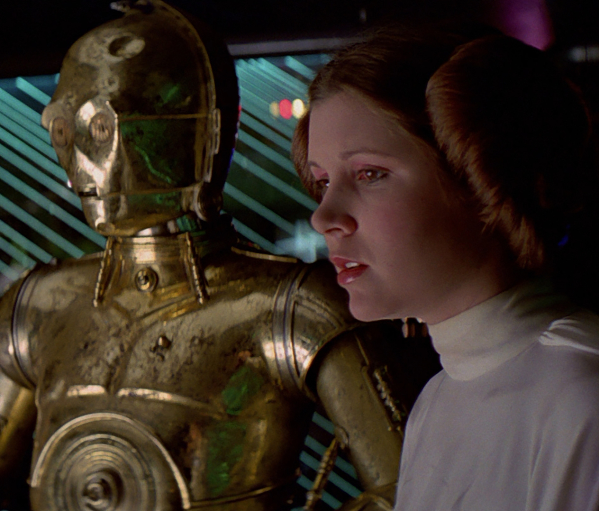 Download mobile wallpaper Star Wars, Movie, C 3Po, Droid, Princess Leia, Star Wars Episode Iv: A New Hope, Carrie Fisher for free.