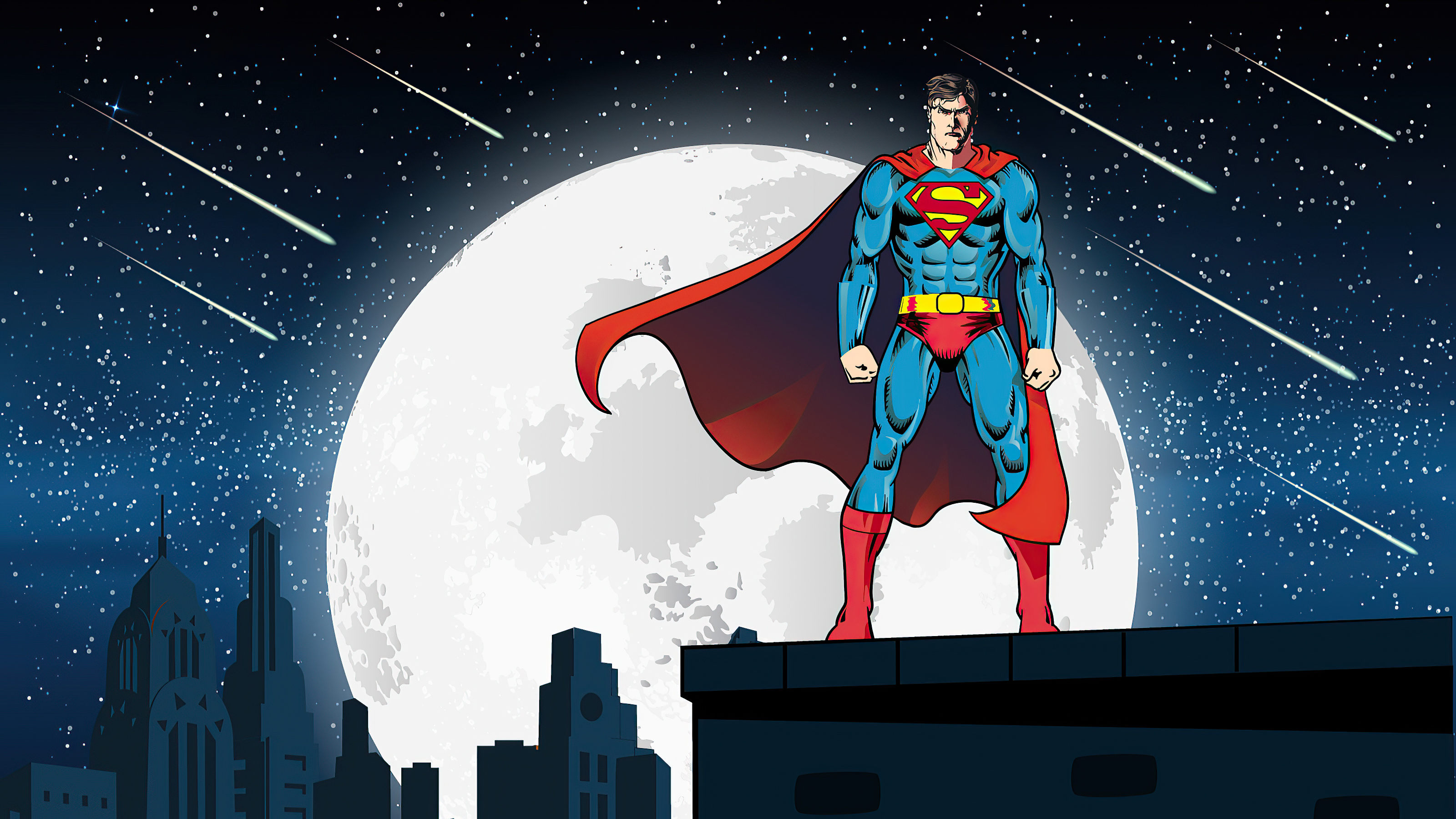 490171 скачать обои комиксы, супермен, комиксы dc, метрополис (комиксы dc), луна, звезды - заставки и картинки бесплатно