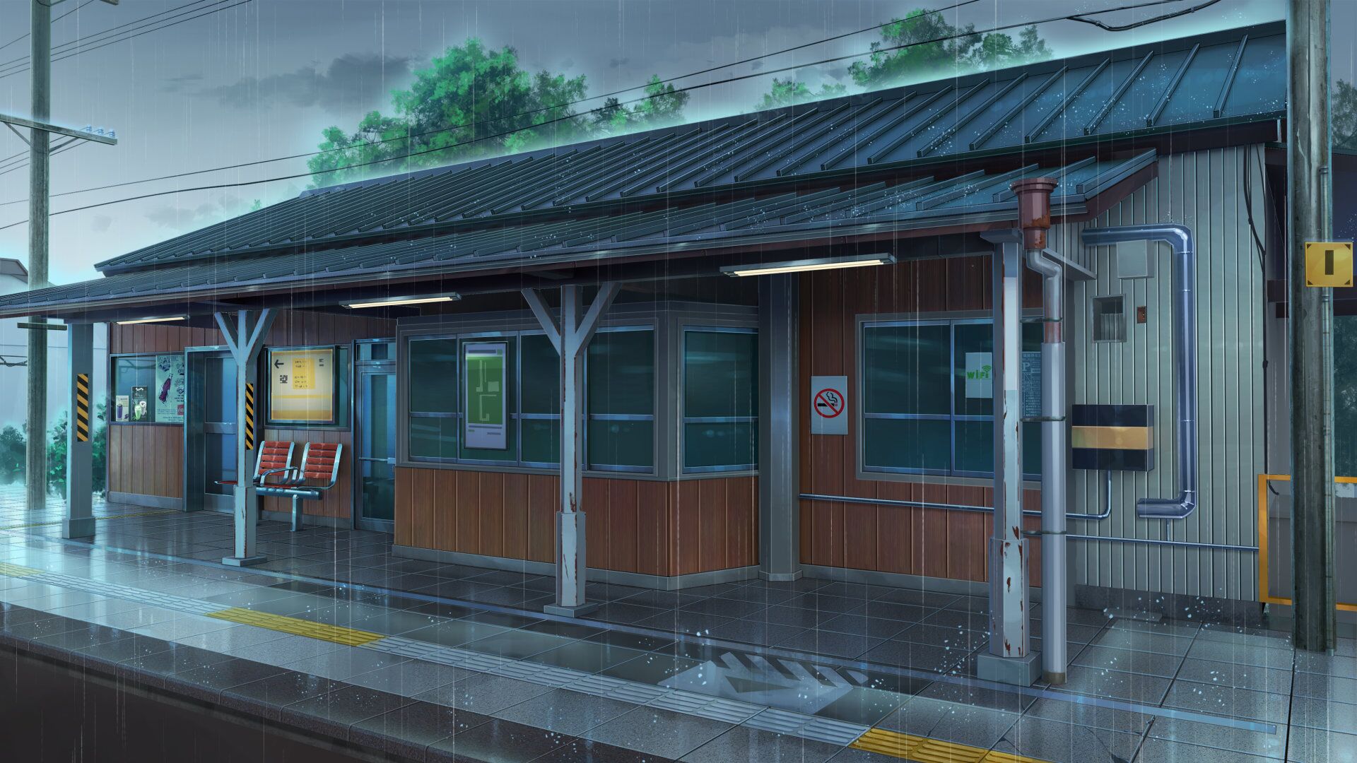 1020955 скачать обои аниме, железнодорожный вокзал, дождь - заставки и картинки бесплатно