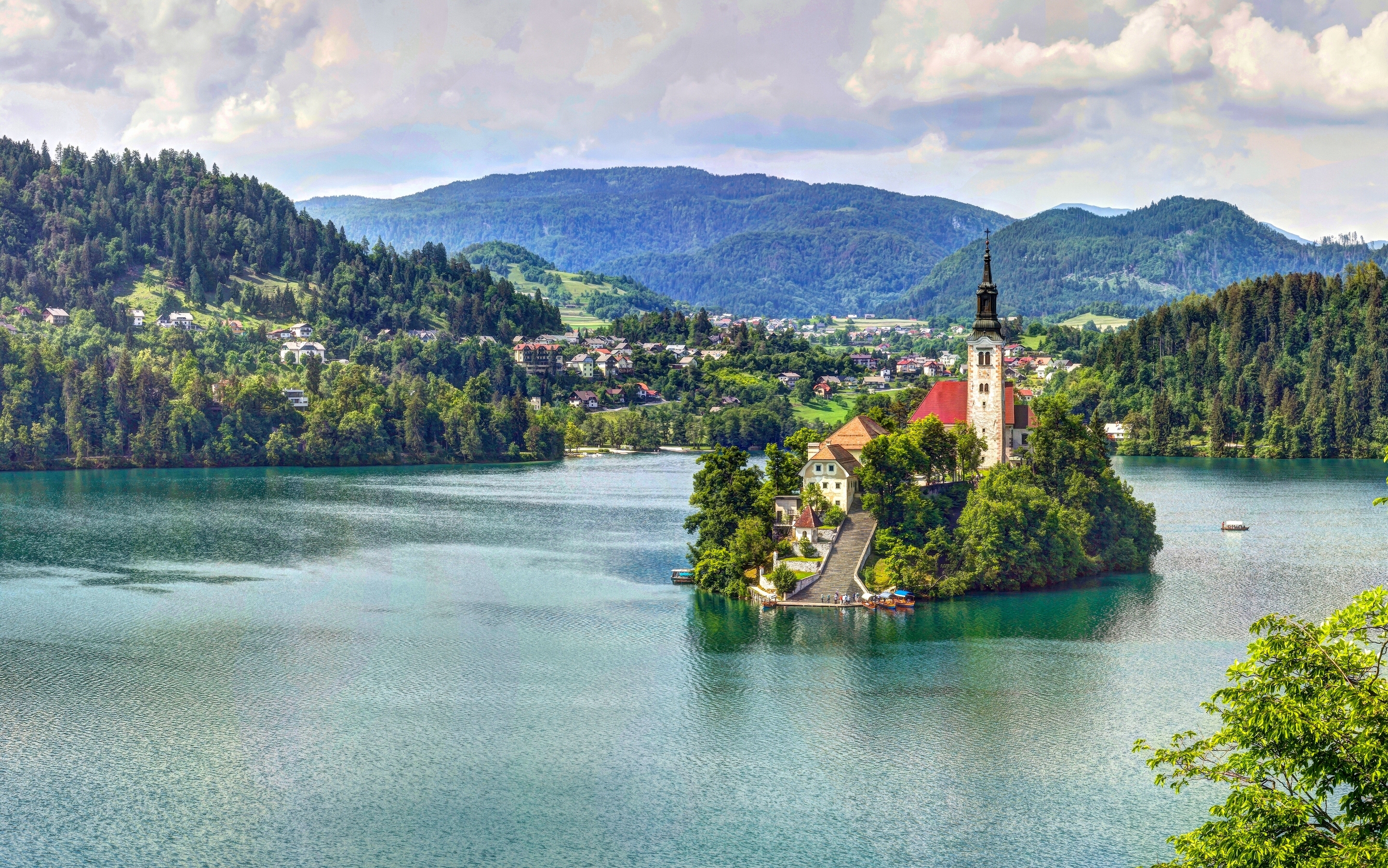 142709 baixar papel de parede cidades, lago, hdr, eslovênia, lago bled, igreja mariinsky - protetores de tela e imagens gratuitamente