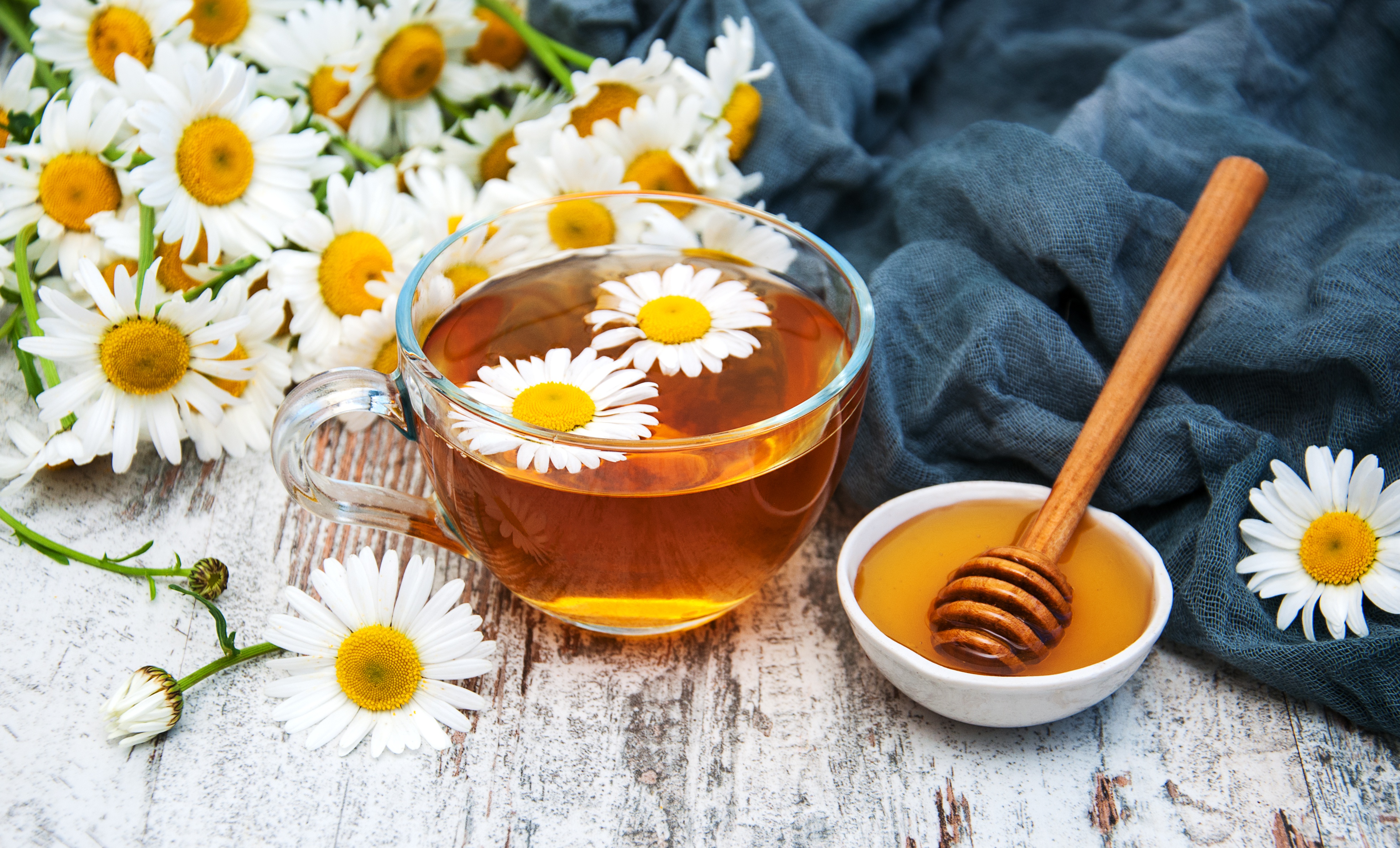 Download mobile wallpaper Food, Still Life, Flower, Cup, Drink, Tea, Honey, Daisy, White Flower for free.