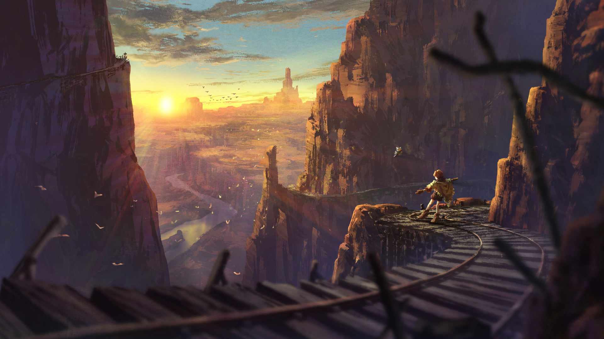 Laden Sie das Sonnenaufgang, Eisenbahn, Steppe, Original, Animes-Bild kostenlos auf Ihren PC-Desktop herunter