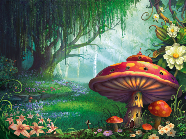 Download mobile wallpaper Fantasy, Flower, Forest, Mushroom, Spring, Artistic for free.