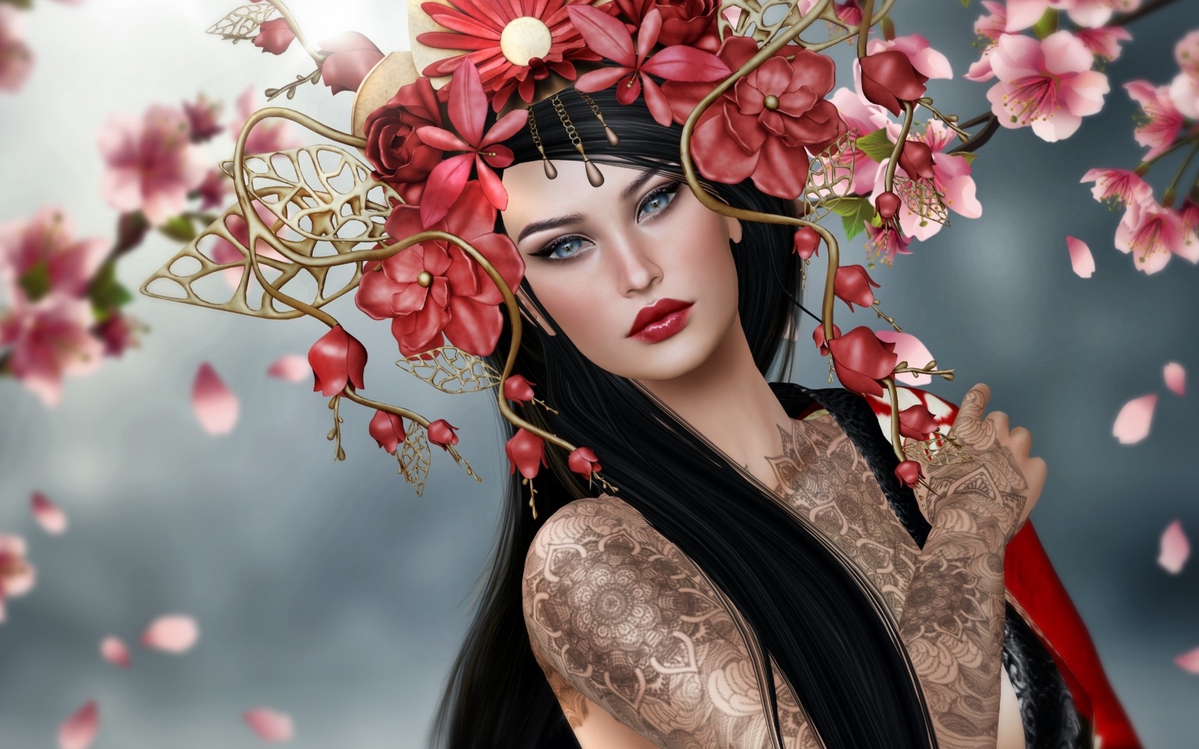 Laden Sie das Fantasie, Rosa, Blume, Tätowierung, Blüte, Frauen, Blaue Augen, Kirschblüte, Schwarzes Haar-Bild kostenlos auf Ihren PC-Desktop herunter