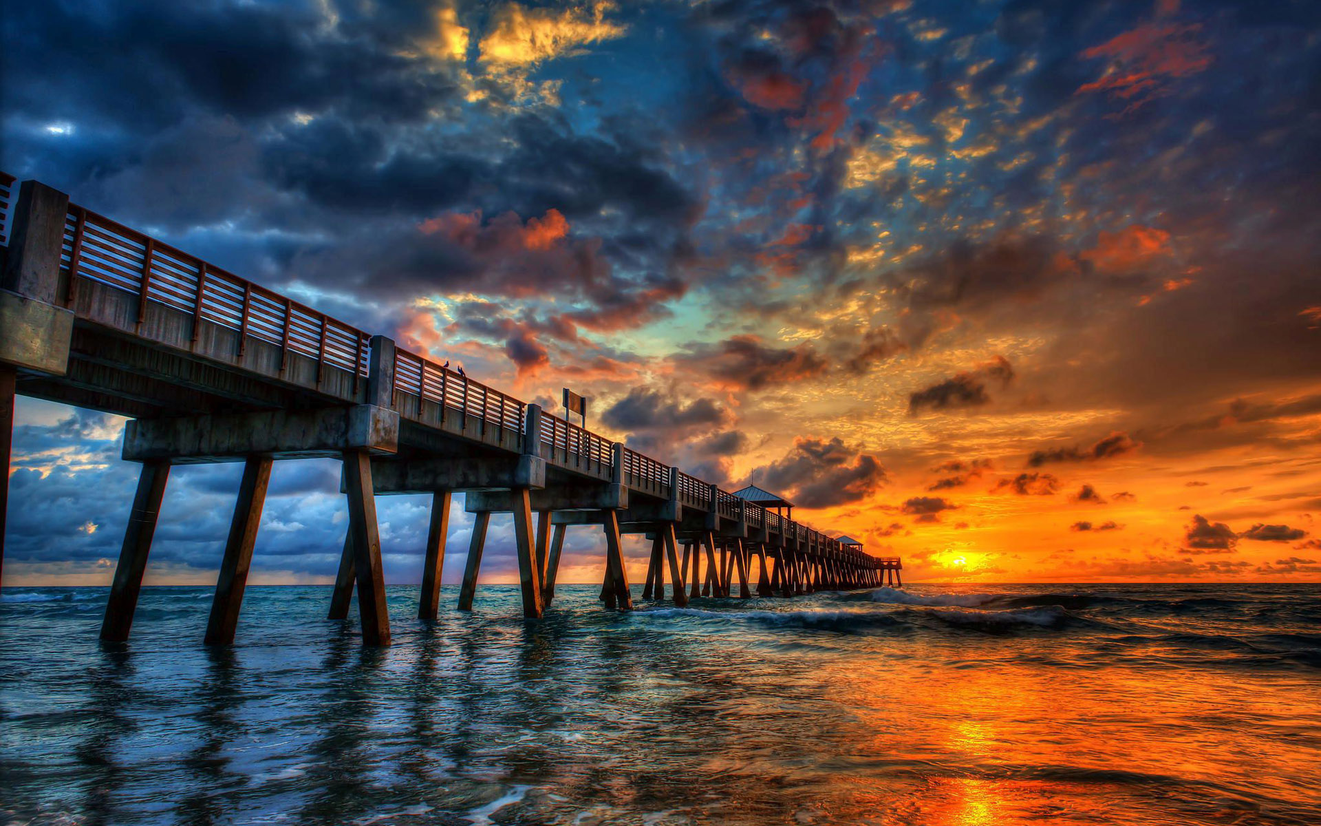 Free download wallpaper Sunset, Sky, Horizon, Pier, Ocean, Man Made on your PC desktop