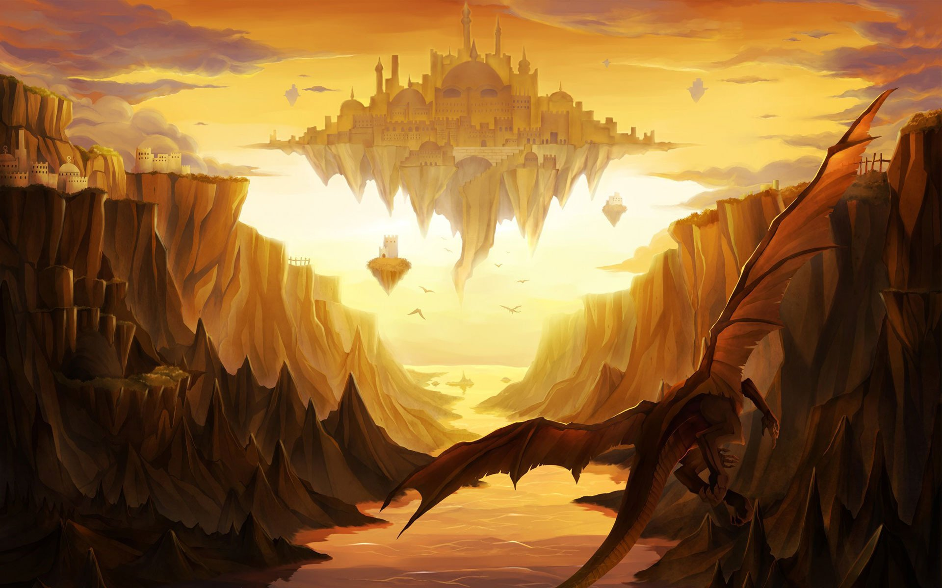 Free download wallpaper Fantasy, City, Mountain, Dragon, Valley, River, Castle on your PC desktop