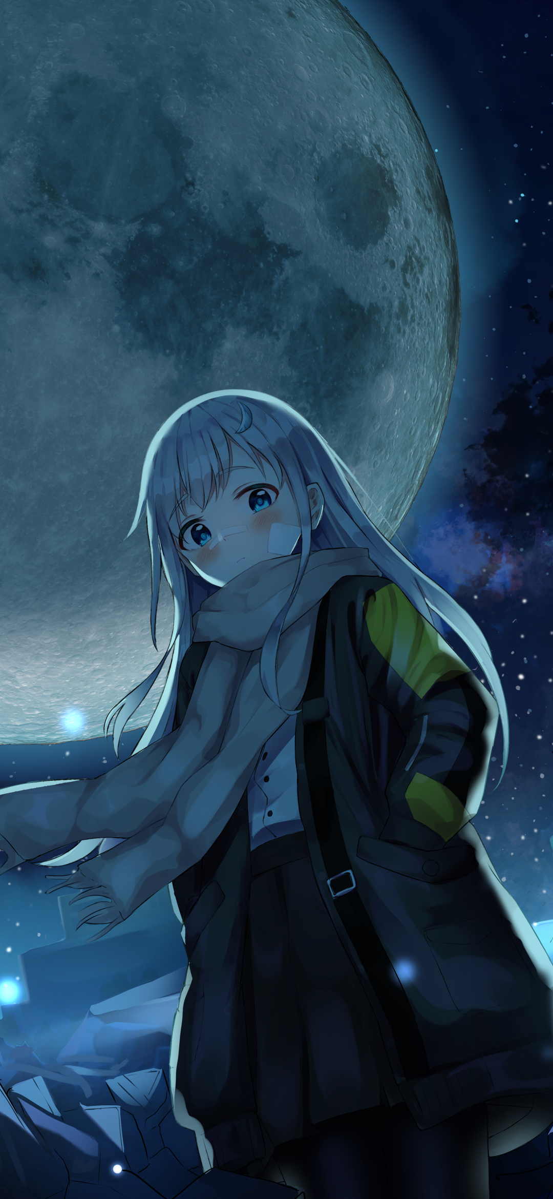 Download mobile wallpaper Anime, Night, Moon, Scarf, Blue Eyes, Original, White Hair for free.