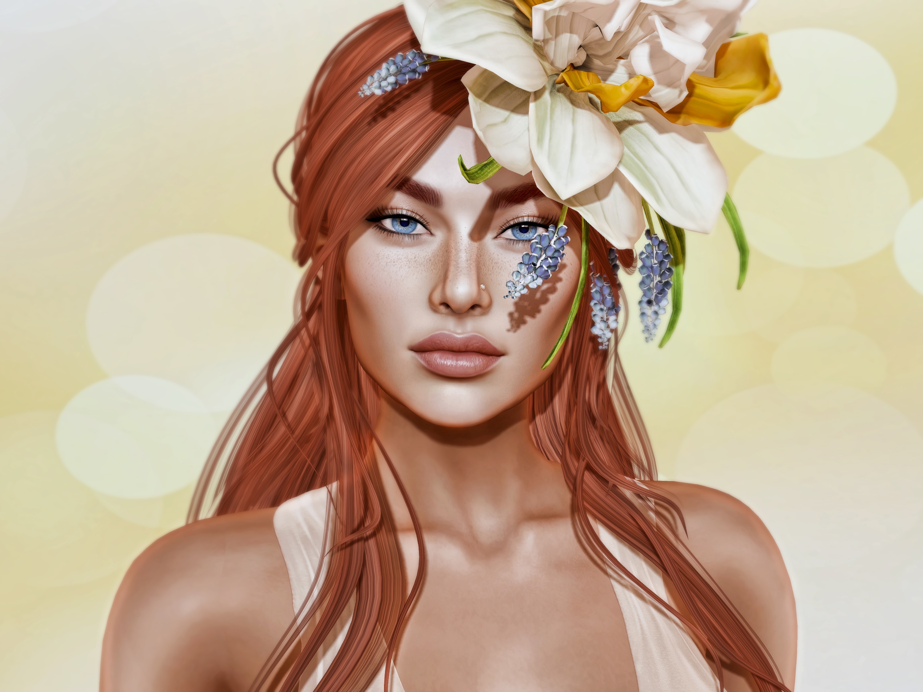 Download mobile wallpaper Flower, Redhead, Artistic, Face, Women, Blue Eyes, Freckles, Long Hair for free.