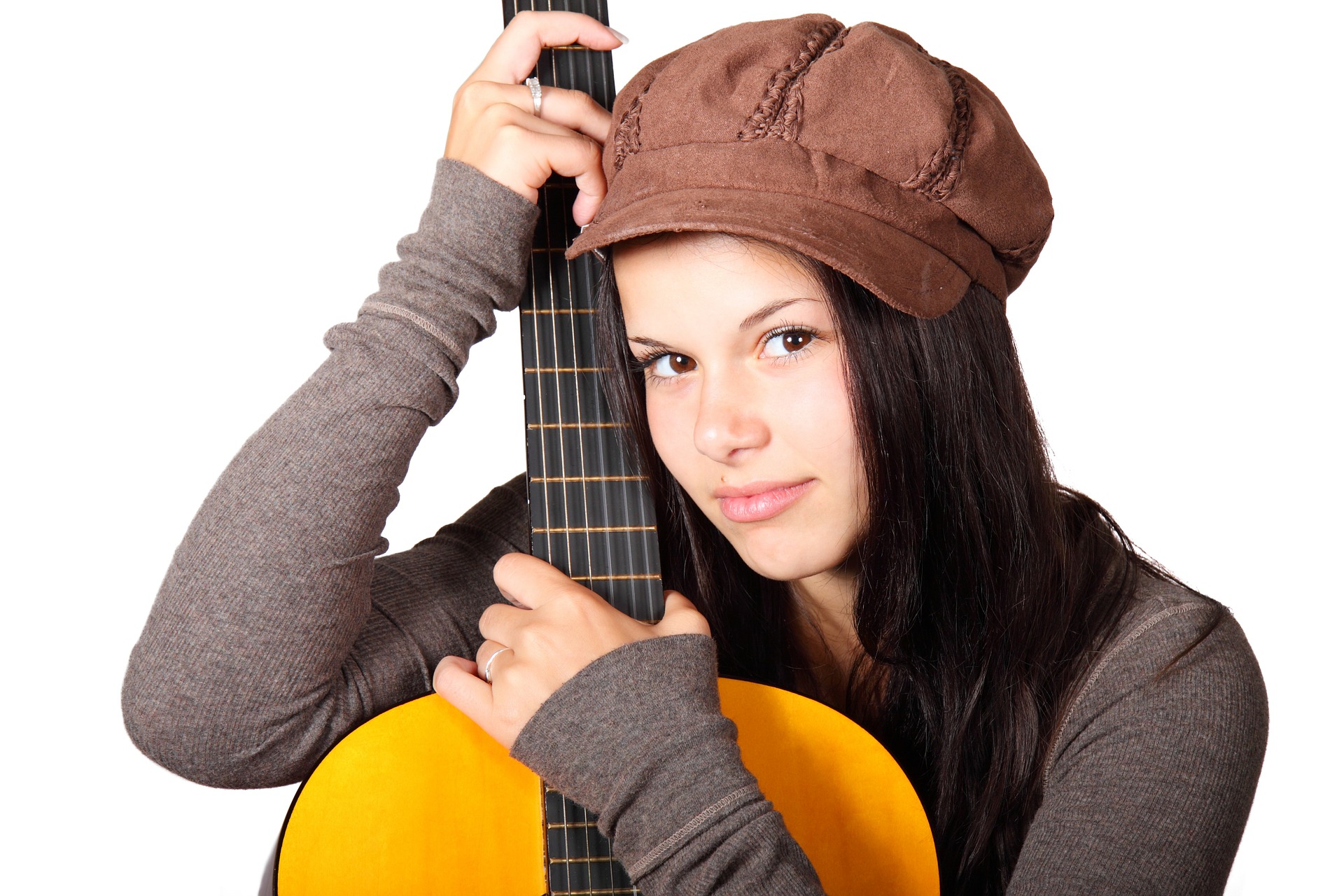 Free download wallpaper Music, Guitar, Hat, Brunette, Women, Brown Eyes on your PC desktop