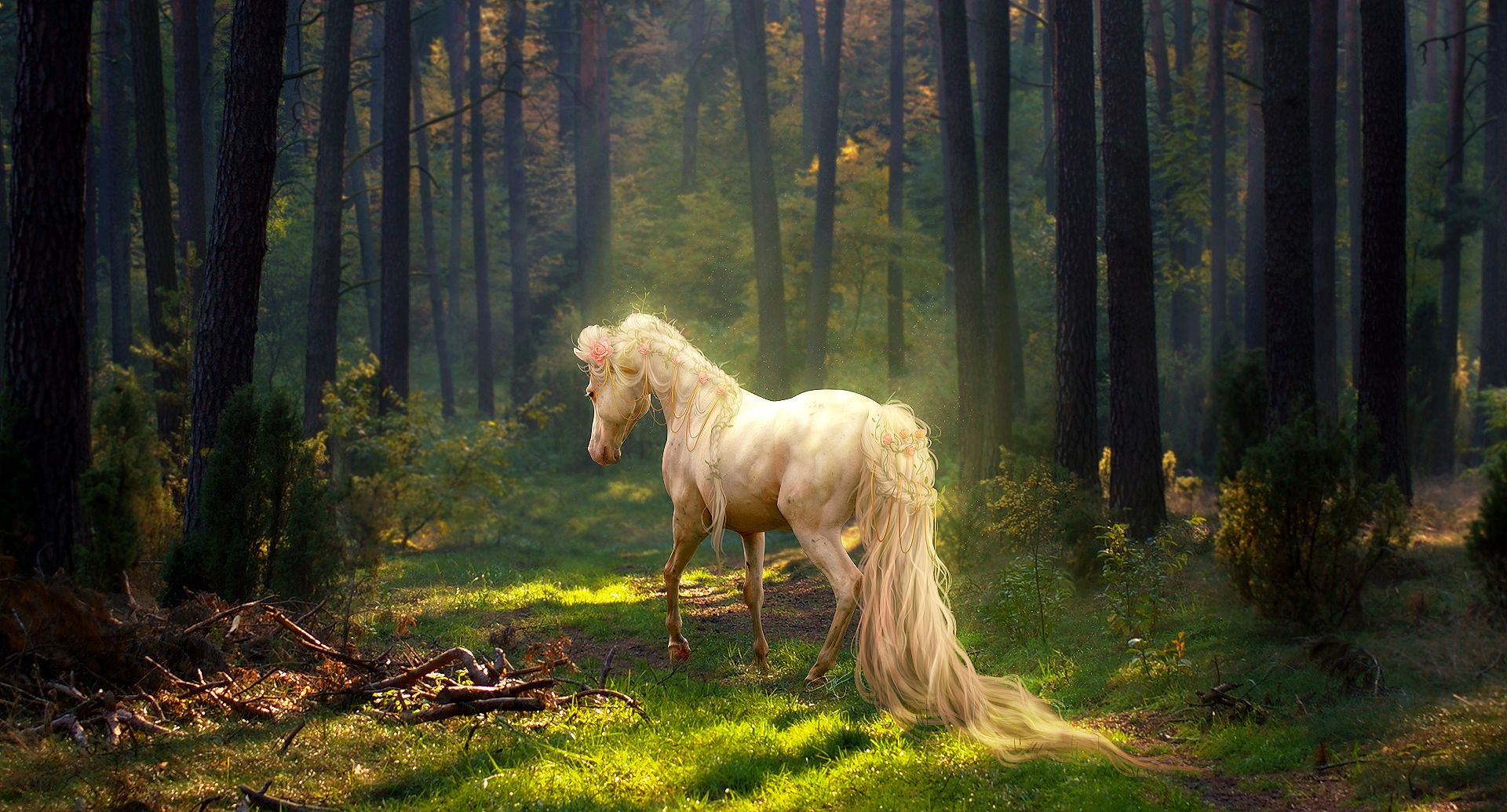 Free download wallpaper Fantasy, Forest, Animal, Horse on your PC desktop