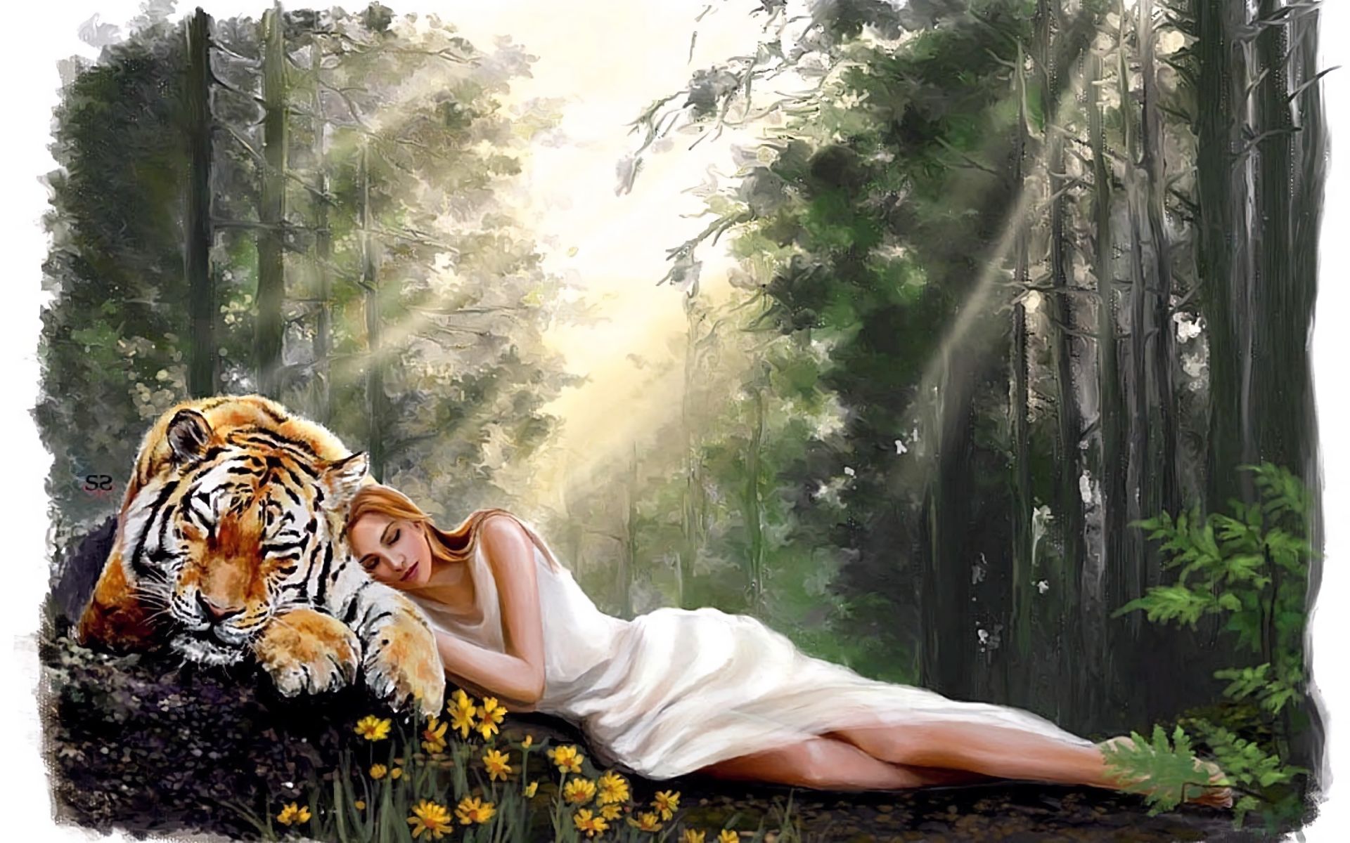 Download mobile wallpaper Fantasy, Forest, Tiger, Artistic, Sleeping for free.