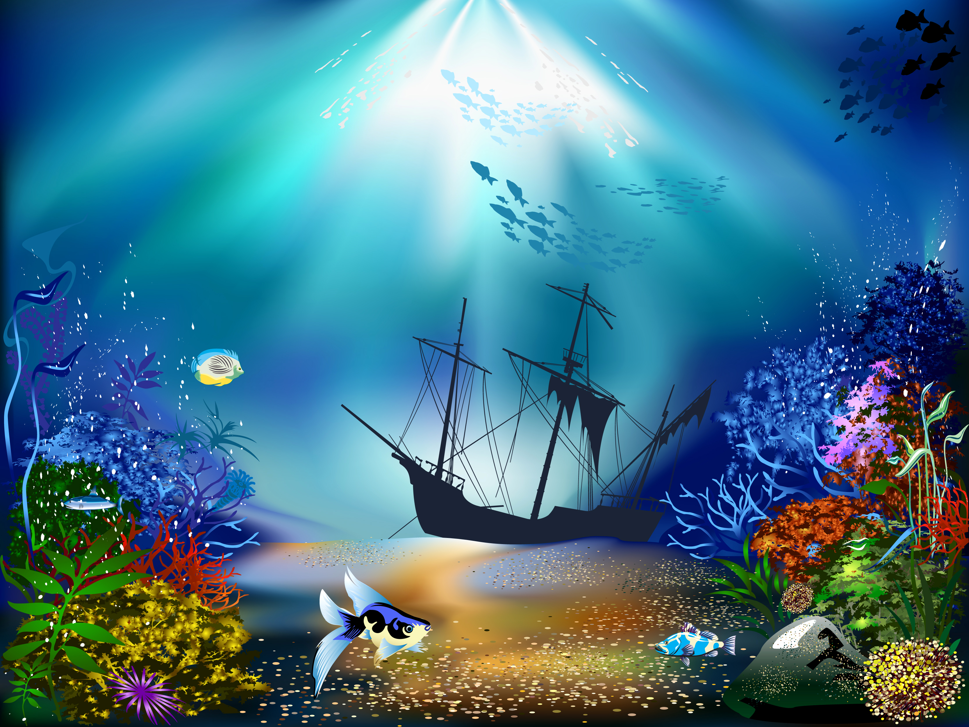 Download mobile wallpaper Coral, Ocean, Boat, Ship, Artistic, Fish, Underwater for free.