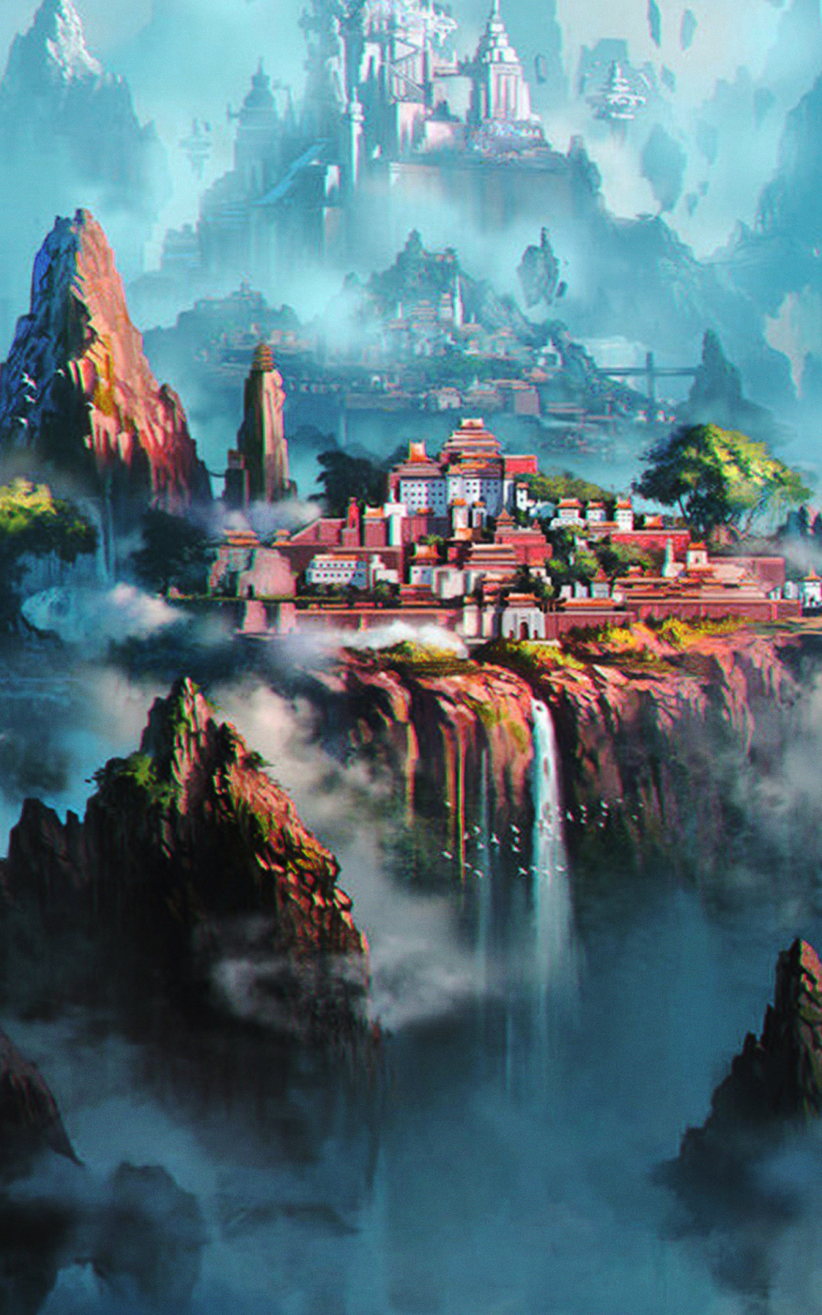 Download mobile wallpaper Fantasy, City, Waterfall, Town for free.