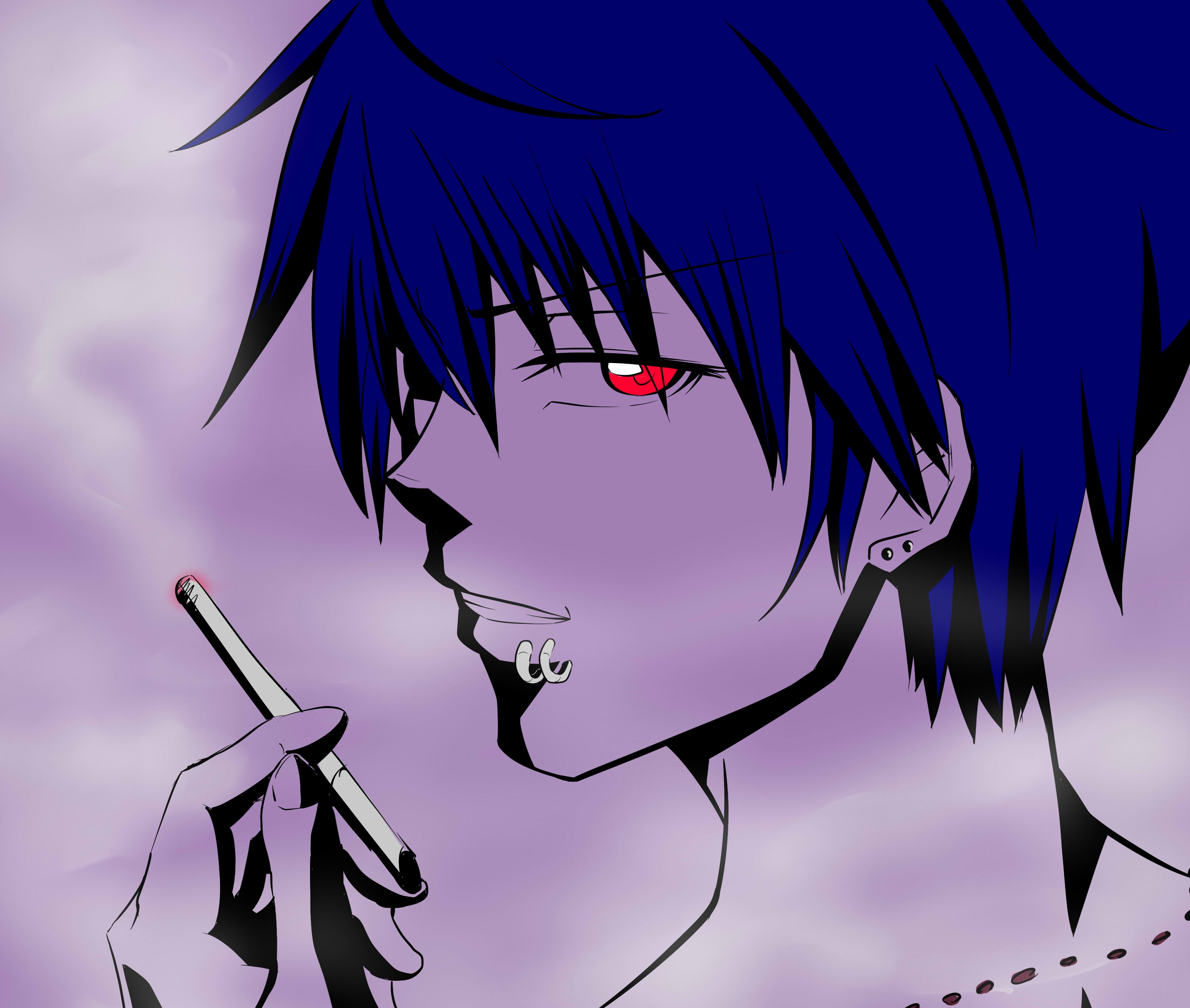 Free download wallpaper Anime, Original, Blue Hair, Red Eyes, Cigarette, Smoking on your PC desktop