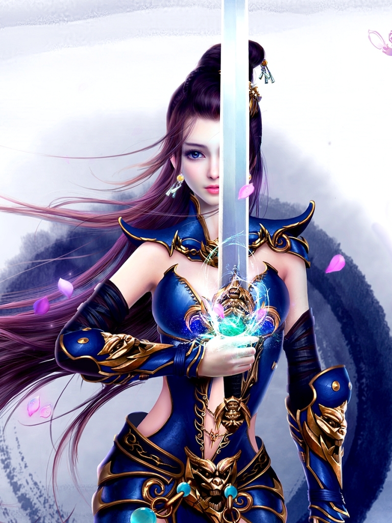 無料モバイル壁紙蝶, ファンタジー, 青い目, 剣, 長い髪, 女戦士, 紫髪をダウンロードします。