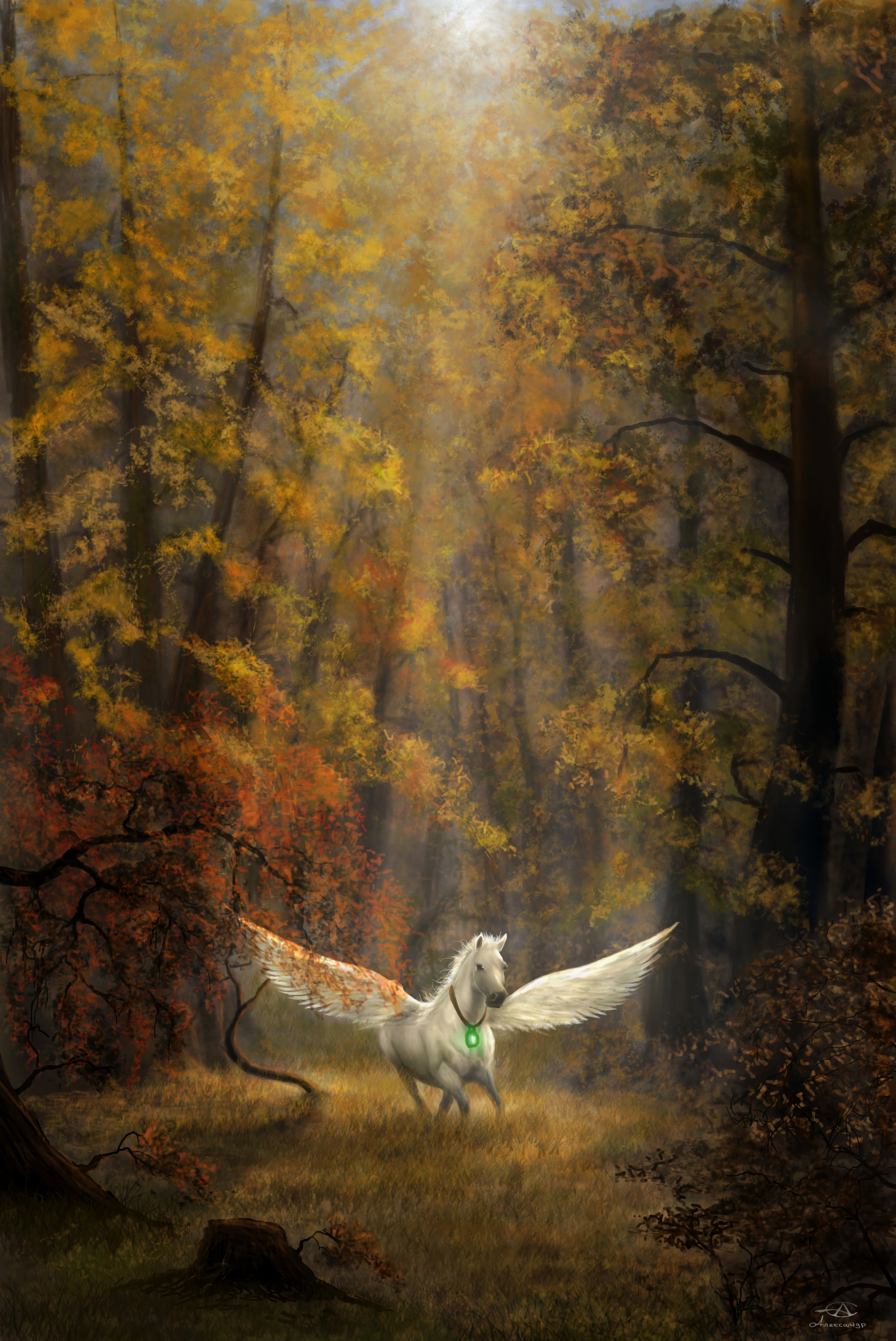 pegasus, art, fantasy, forest, wings, horse