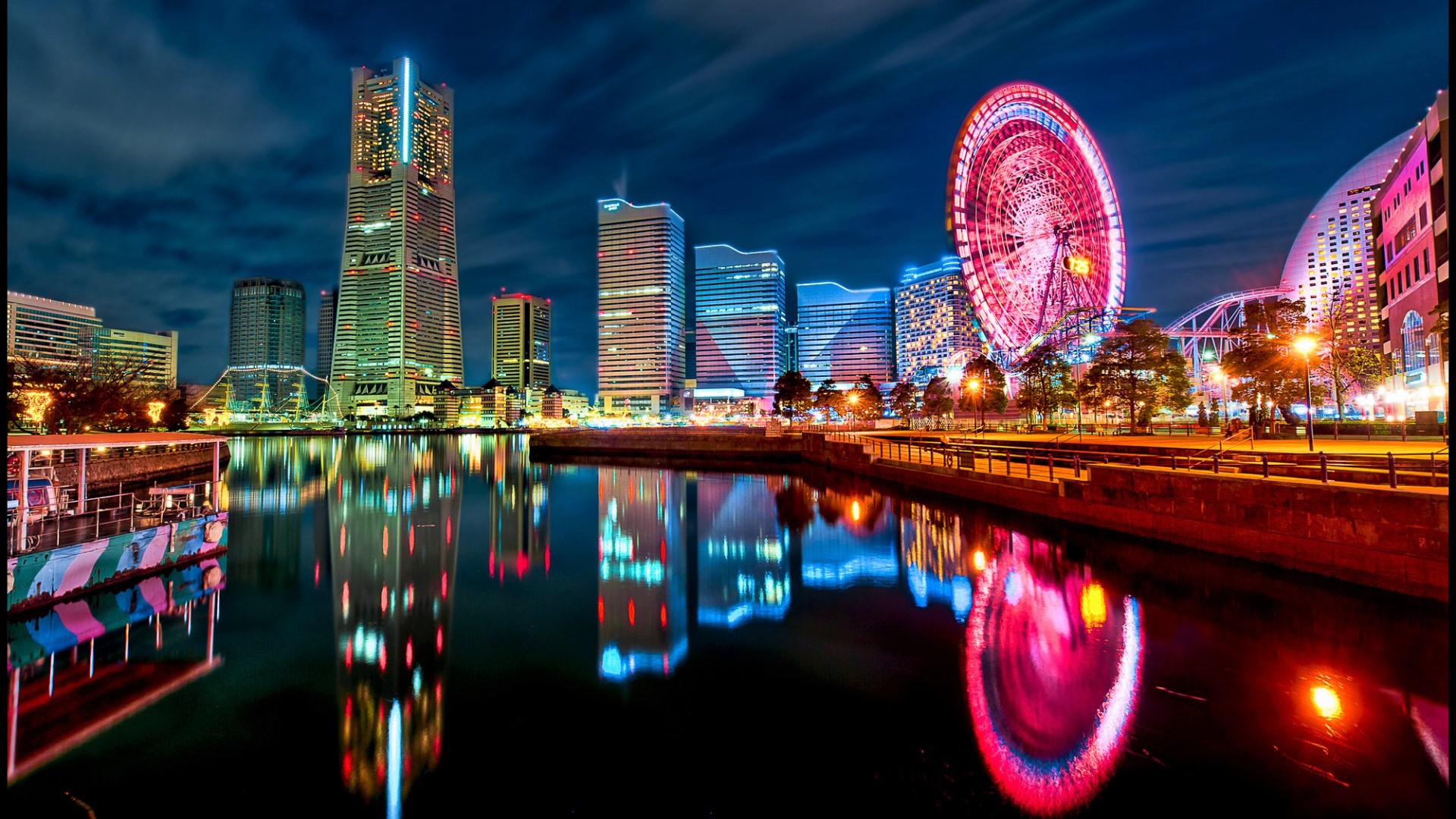 Free download wallpaper Cities, Architecture, City, Building, Reflection, Light, Japan, River, Yokohama, Man Made on your PC desktop