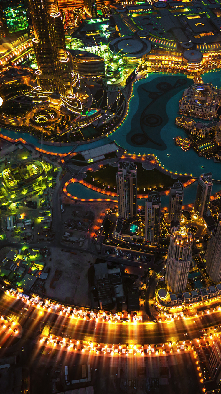 Handy-Wallpaper Licht, Straße, Dubai, Stadtbild, Vereinigte Arabische Emirate, Burj Khalifa, Menschengemacht kostenlos herunterladen.
