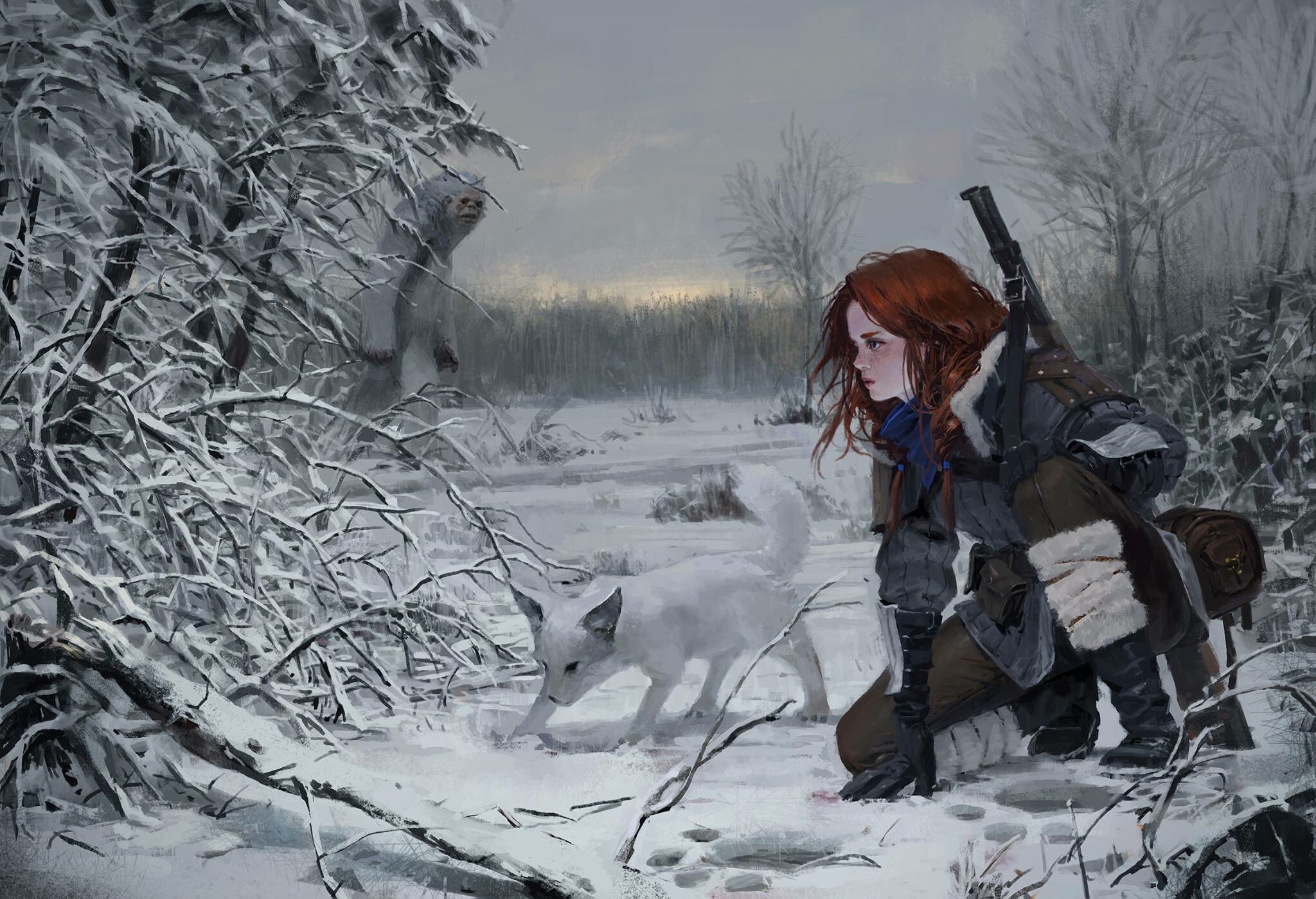 women warrior, fantasy, bigfoot, fox, hunter, redhead, snow, winter, woman warrior