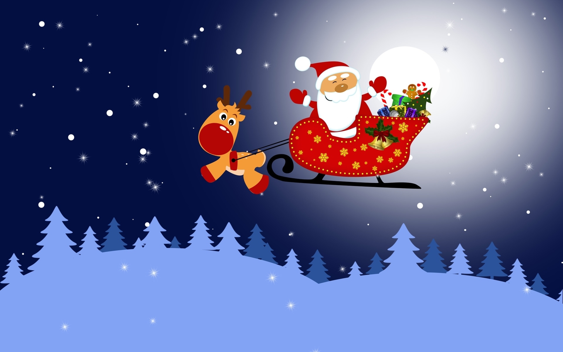 Free download wallpaper Santa Claus, Moon, Snow, Christmas, Holiday, Sleigh, Reindeer on your PC desktop
