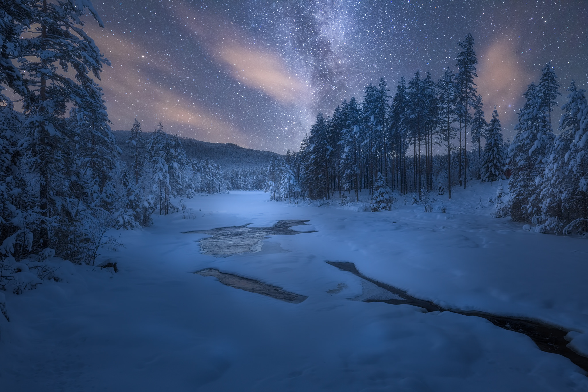 Скачать картинку Зима, Река, Небо, Ночь, Снег, Лес, Звездное Небо, Земля/природа в телефон бесплатно.