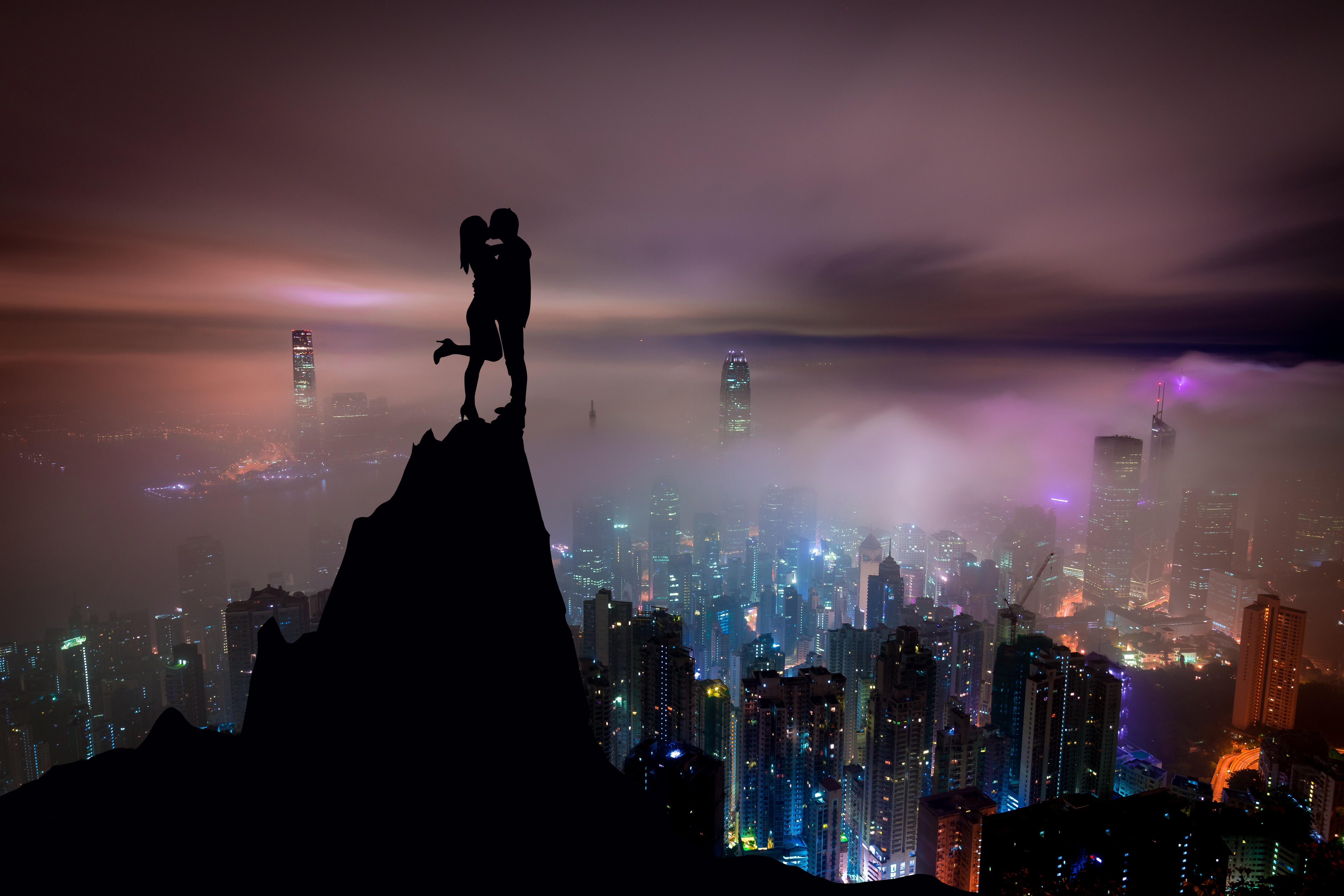 kiss, skyscrapers, hill, love, city, couple, pair, silhouettes