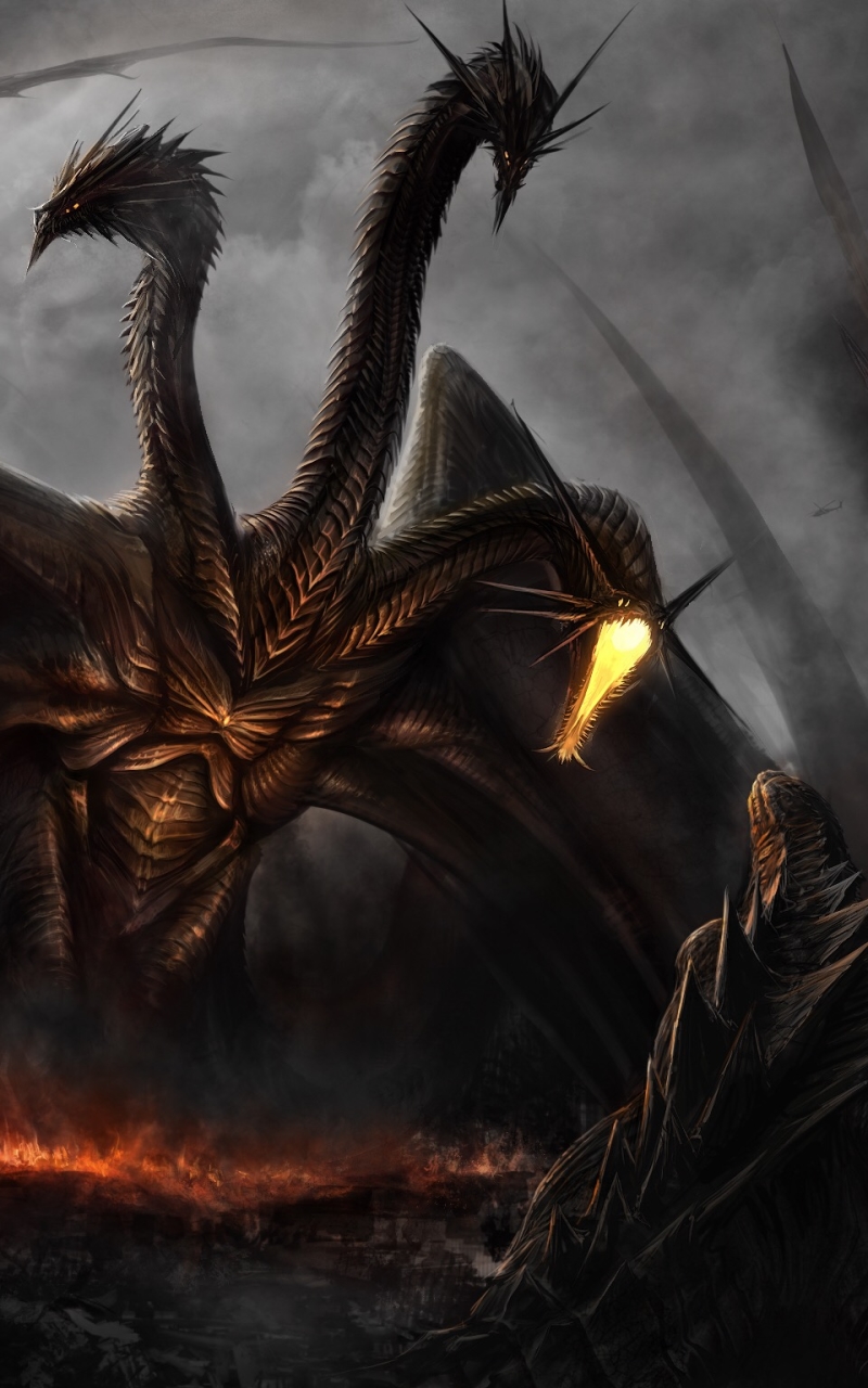 Download mobile wallpaper Fantasy, Creature, Battle, Hydra, Godzilla for free.