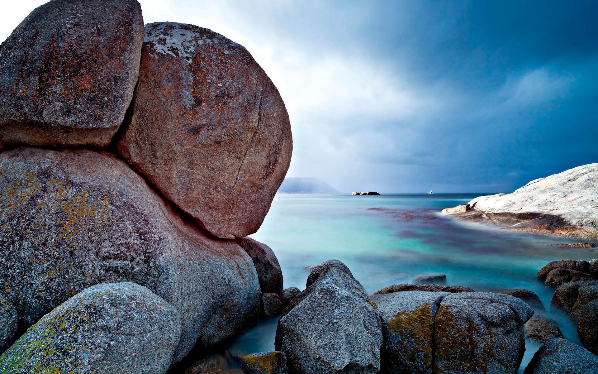 nature, stones, sky, sea, clouds, blue, horizon, stranded, shallow, reefs, conglomeration, boulders, piling up