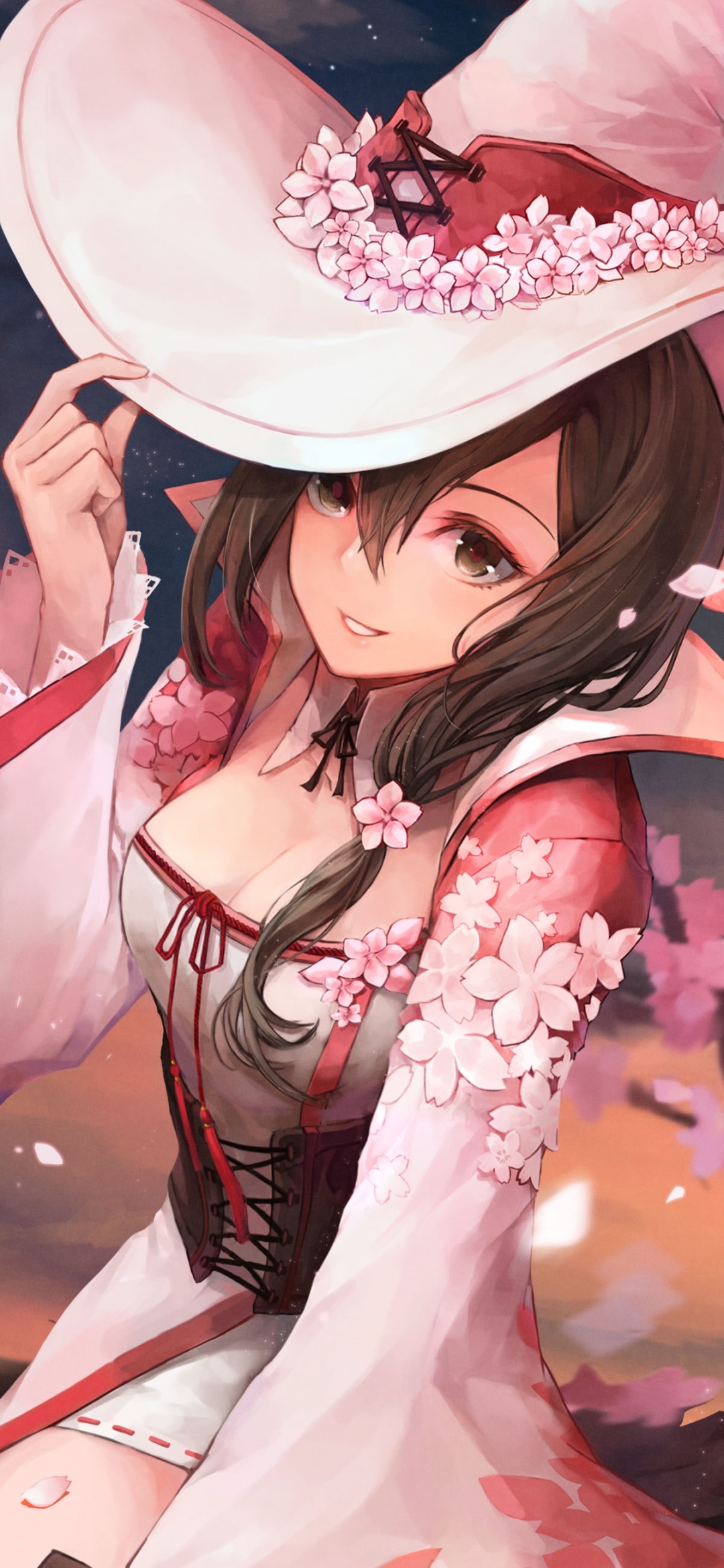 Download mobile wallpaper Anime, Smile, Hat, Cherry Blossom, Original, Witch, Brown Eyes, Brown Hair, Short Hair for free.