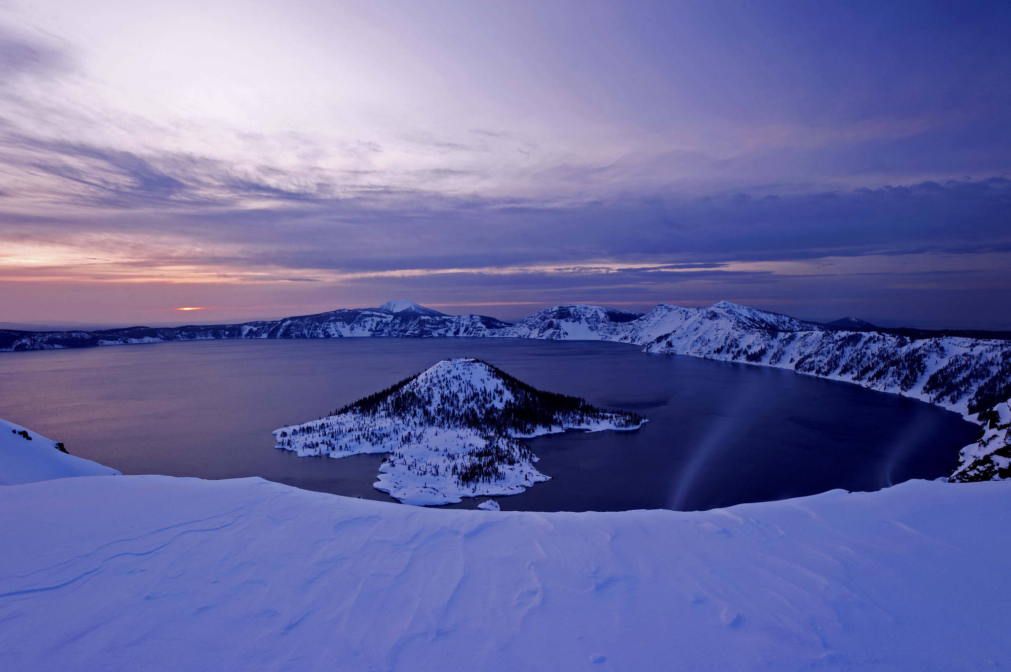 Free download wallpaper Winter, Snow, Lake, Forest, Earth, Island, Volcano on your PC desktop