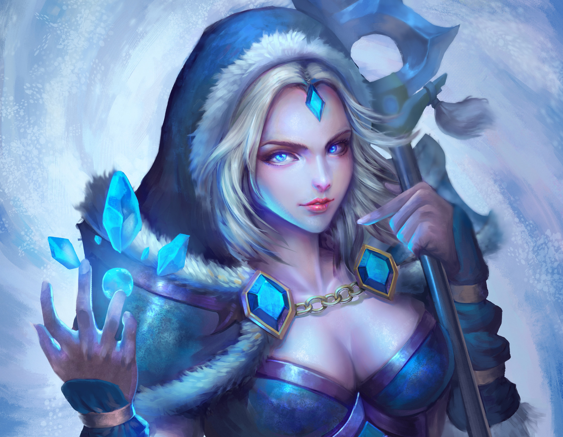 crystal maiden (dota 2), video game, dota 2, blonde, blue eyes, magic, dota