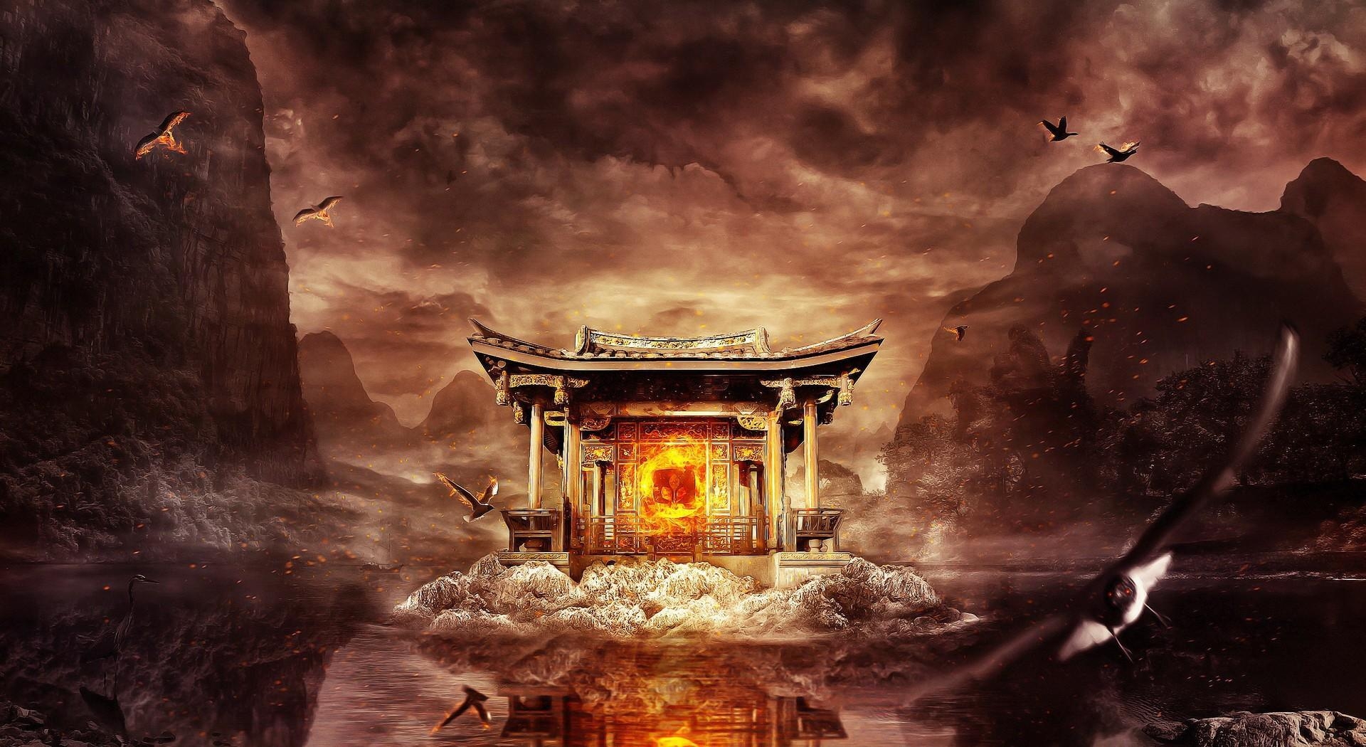 Free download wallpaper Flight, Mountains, Fire, Water, Temple, Birds, Fantasy on your PC desktop
