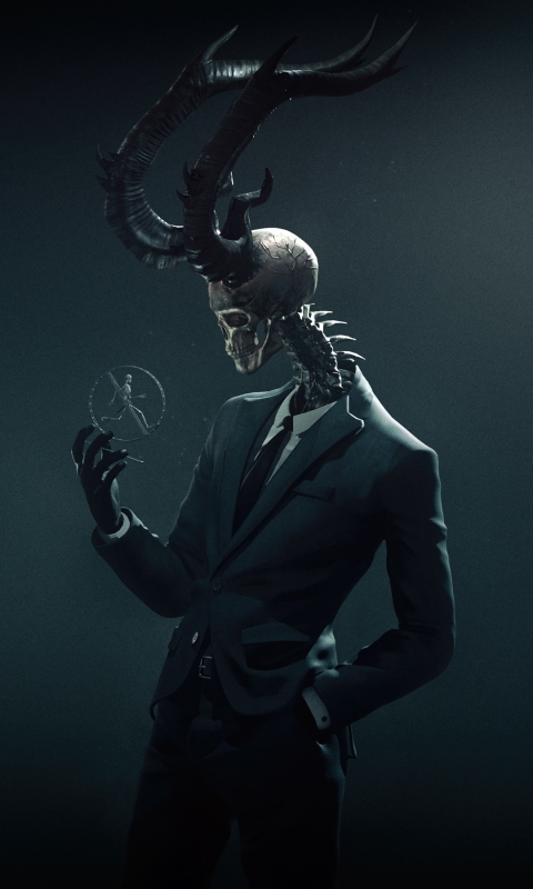 Download mobile wallpaper Dark, Creepy, Skull, Horns, Skeleton, Suit, Horror for free.