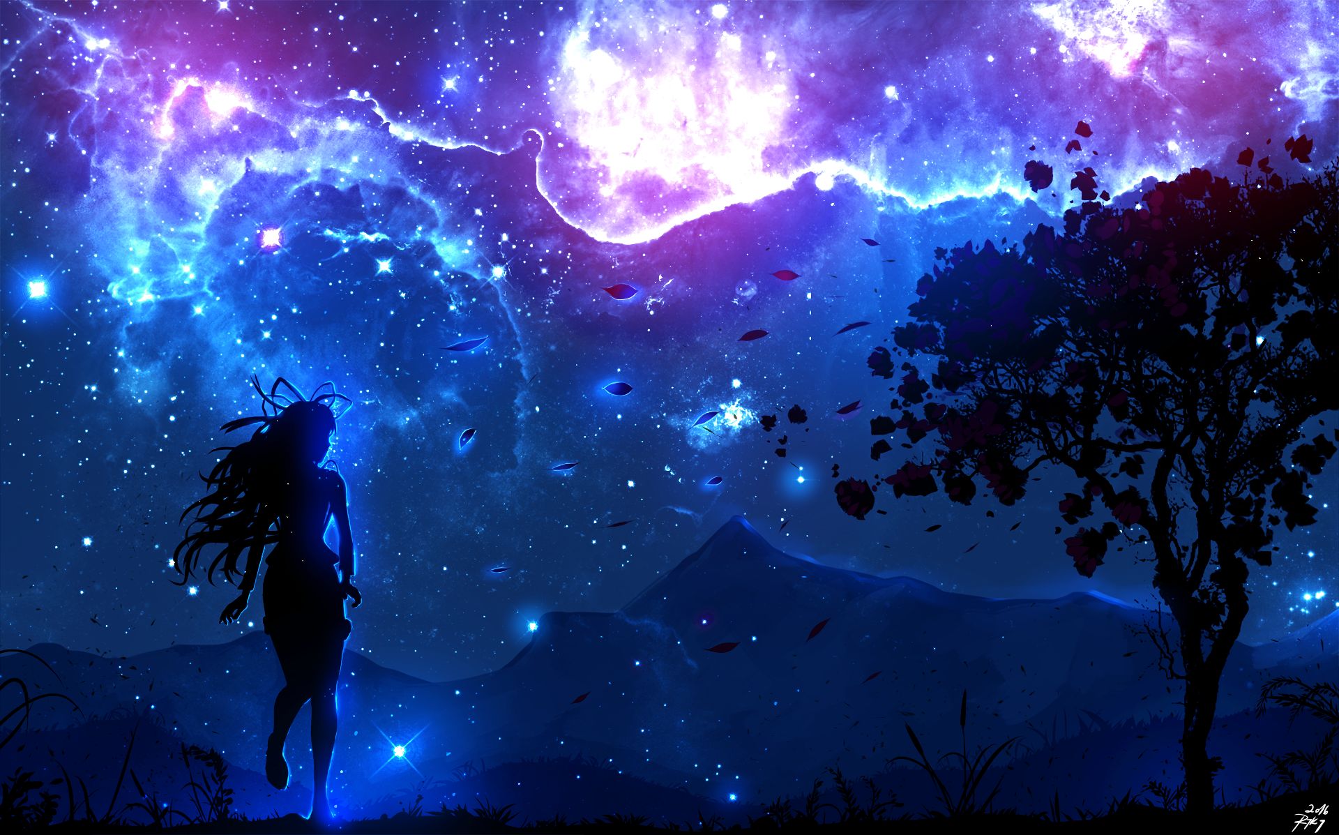 Download mobile wallpaper Anime, Sky, Stars, Tree, Cosmos, Original for free.