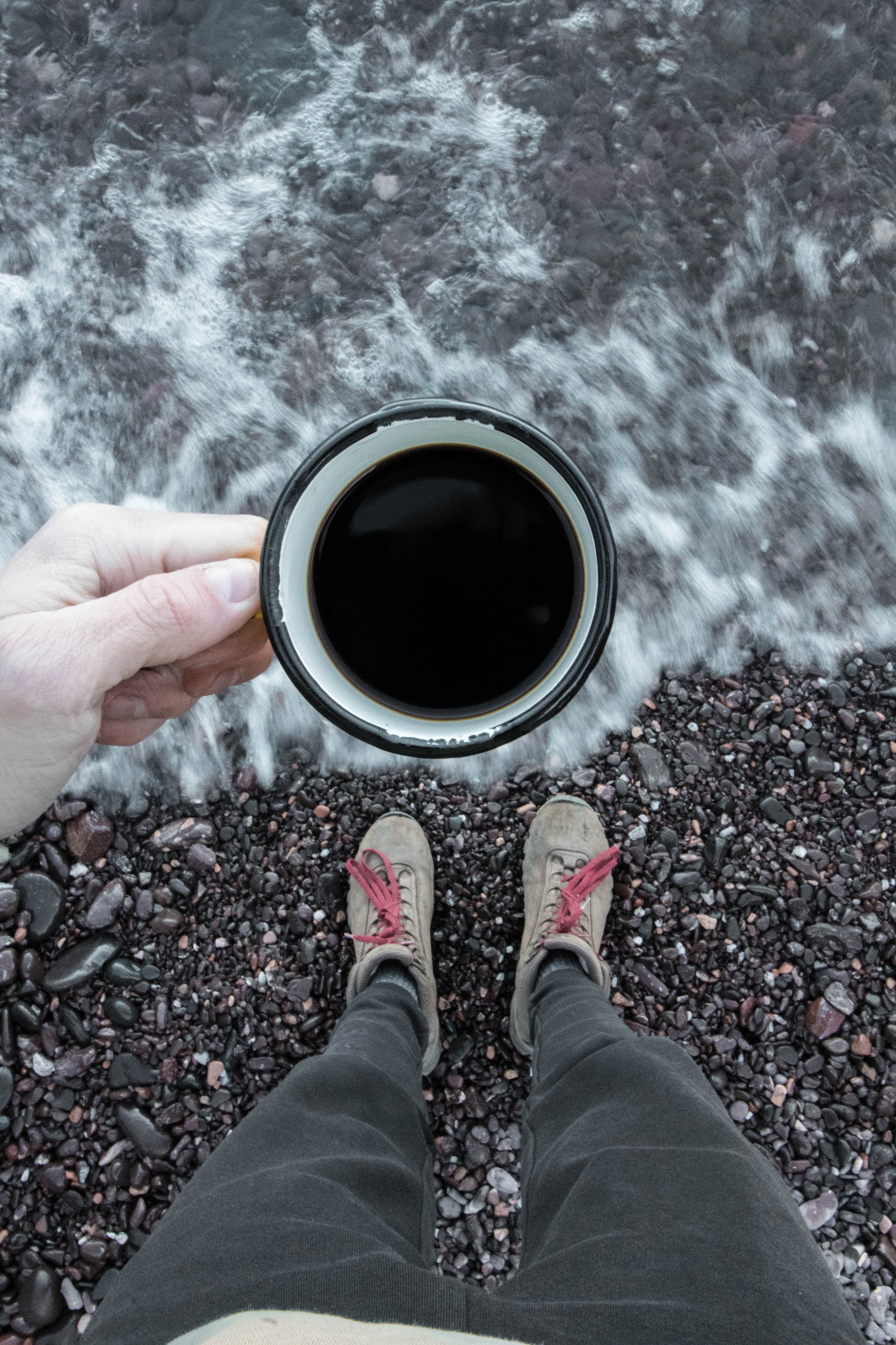 pebble, sea, coffee, hand, miscellanea, miscellaneous, legs, cup