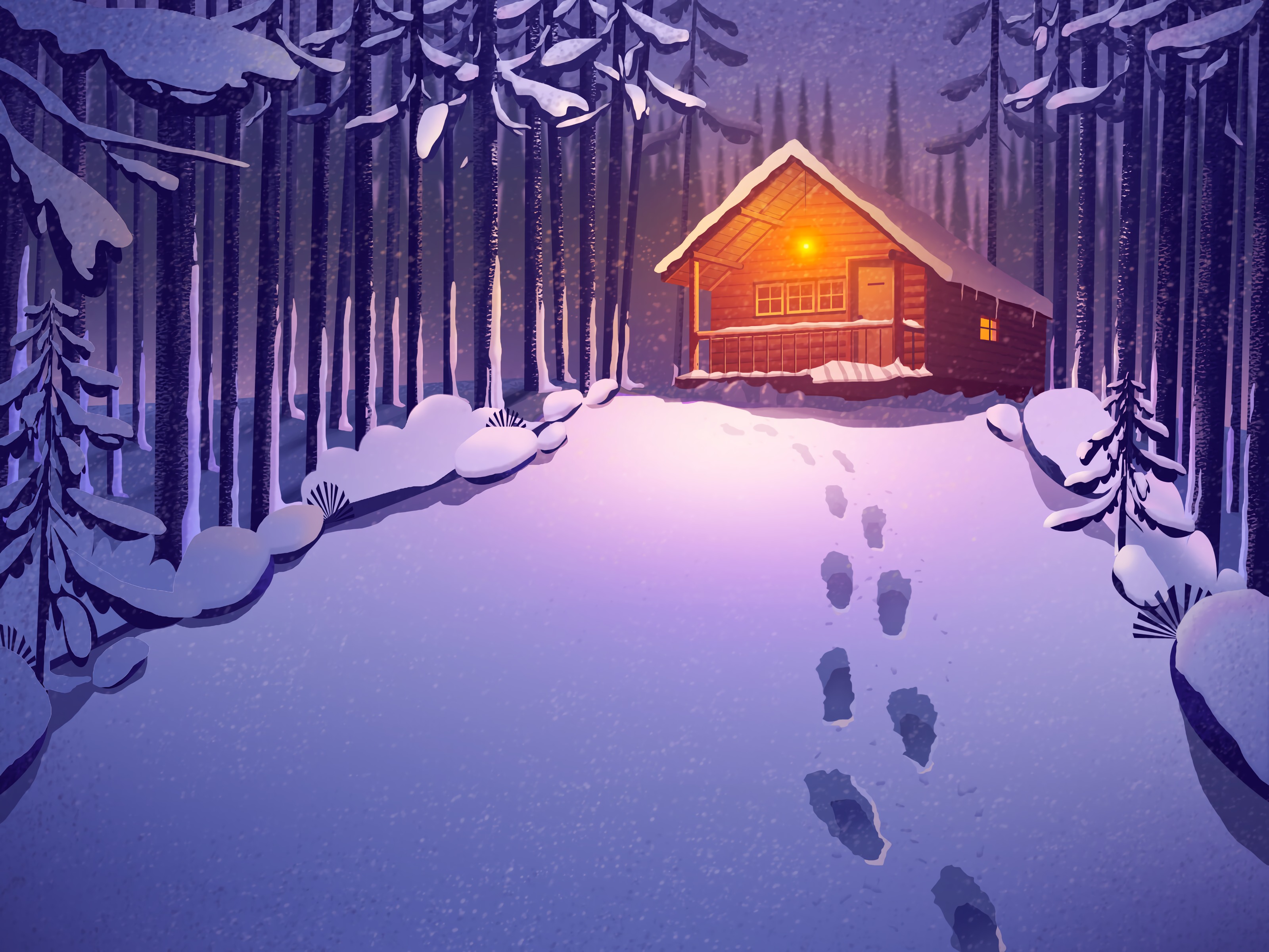 Laden Sie das Wald, Haus, Spuren, Kunst, Schnee-Bild kostenlos auf Ihren PC-Desktop herunter