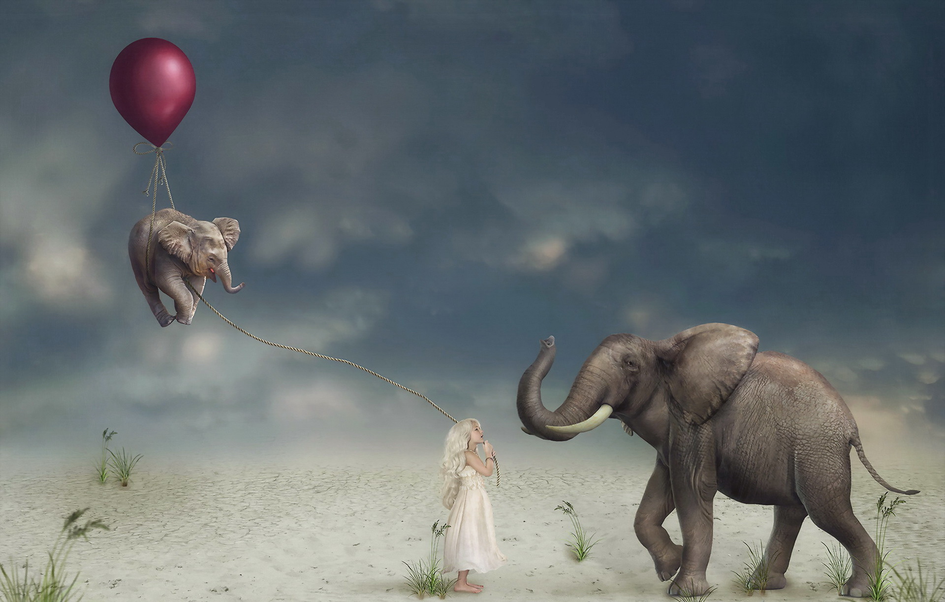 Download mobile wallpaper Fantasy, Balloon, Child, Elephant, Manipulation, Little Girl for free.