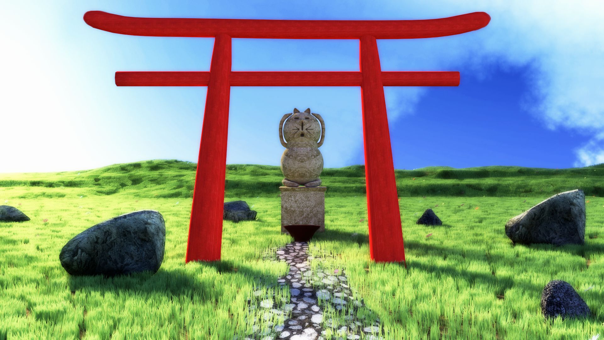 Free download wallpaper Grass, Cat, Earth, Statue, Artistic, 3D Art on your PC desktop