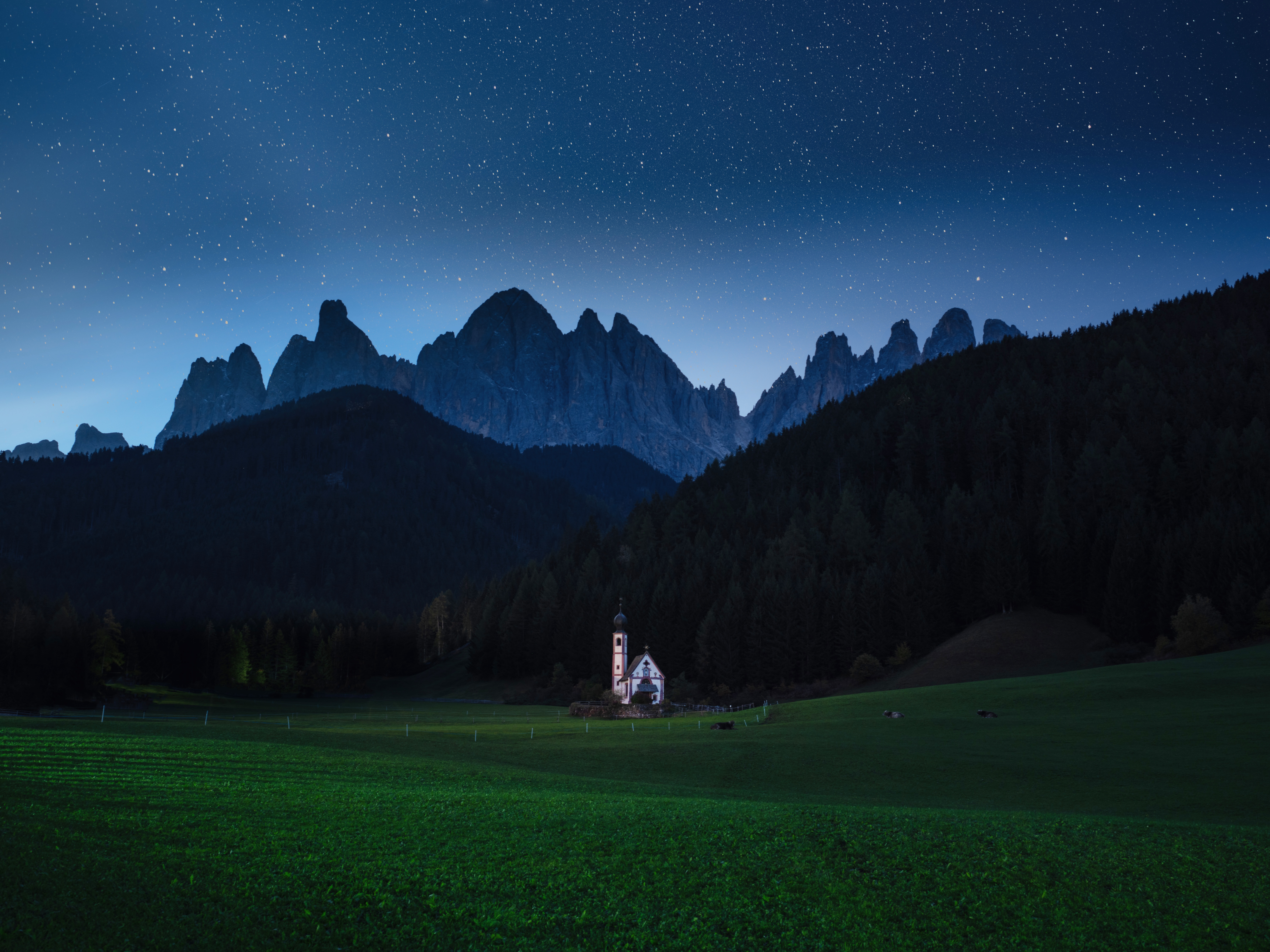 Free download wallpaper Building, Lawn, Nature, Mountains, Night, Landscape on your PC desktop