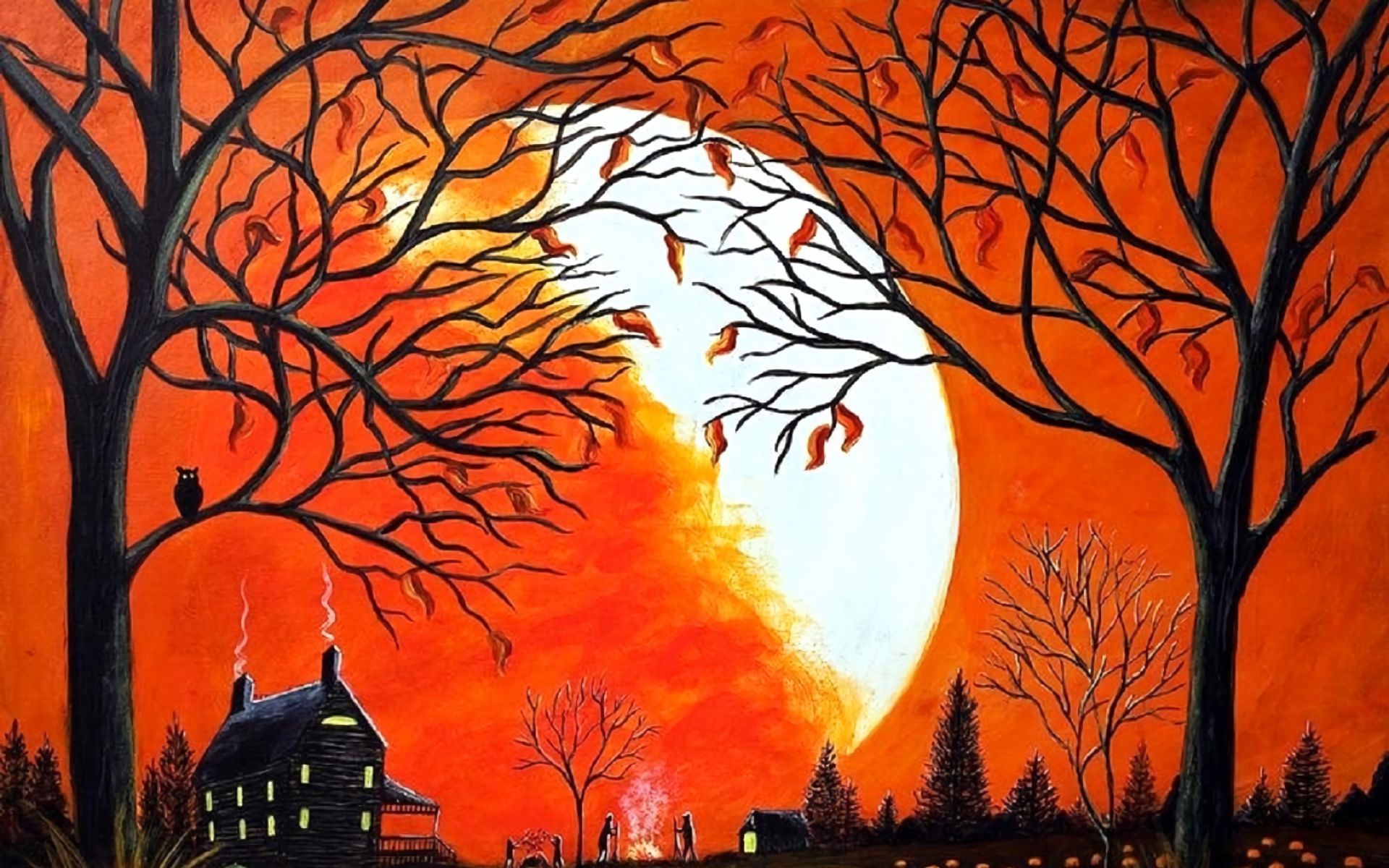 Download mobile wallpaper Landscape, Moon, Tree, Fall, House, Painting, Artistic for free.