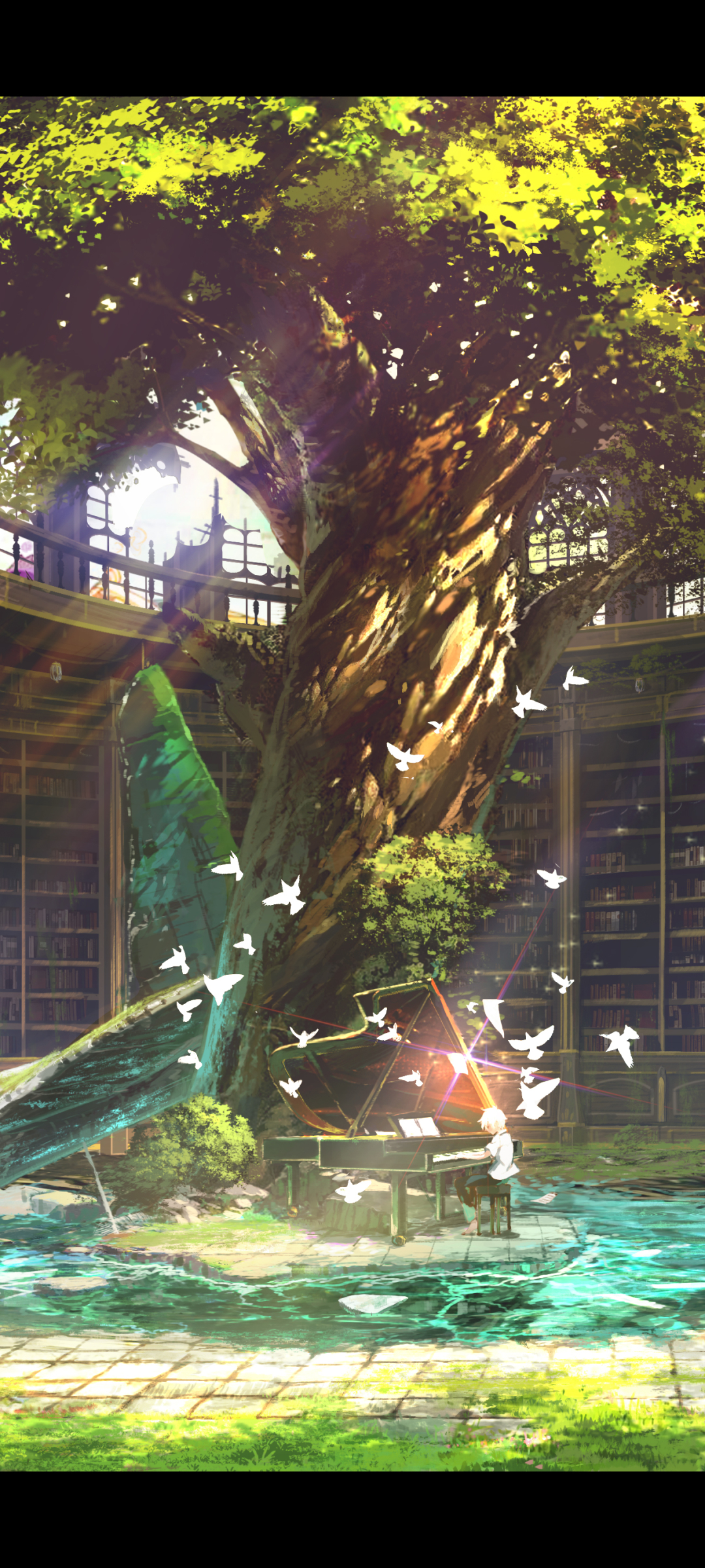 Download mobile wallpaper Anime, Piano, Light, Tree, Ruin, Library, Original, Post Apocalyptic for free.