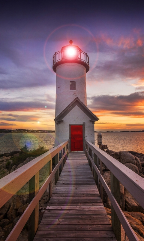 Download mobile wallpaper Sunset, Wood, Lighthouse, Man Made for free.