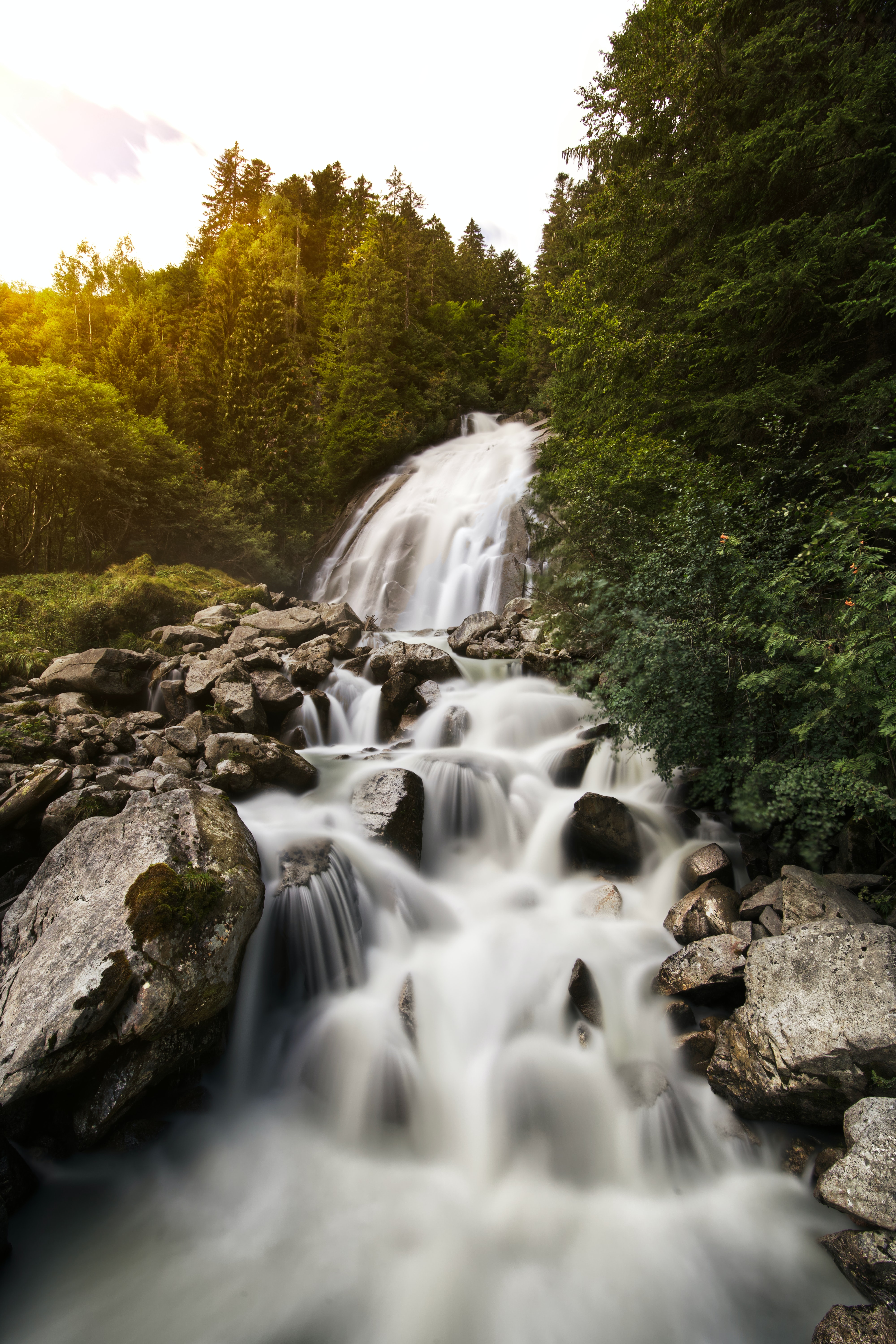 stones, nature, water, trees, rocks, waterfall, flow, stream Desktop home screen Wallpaper