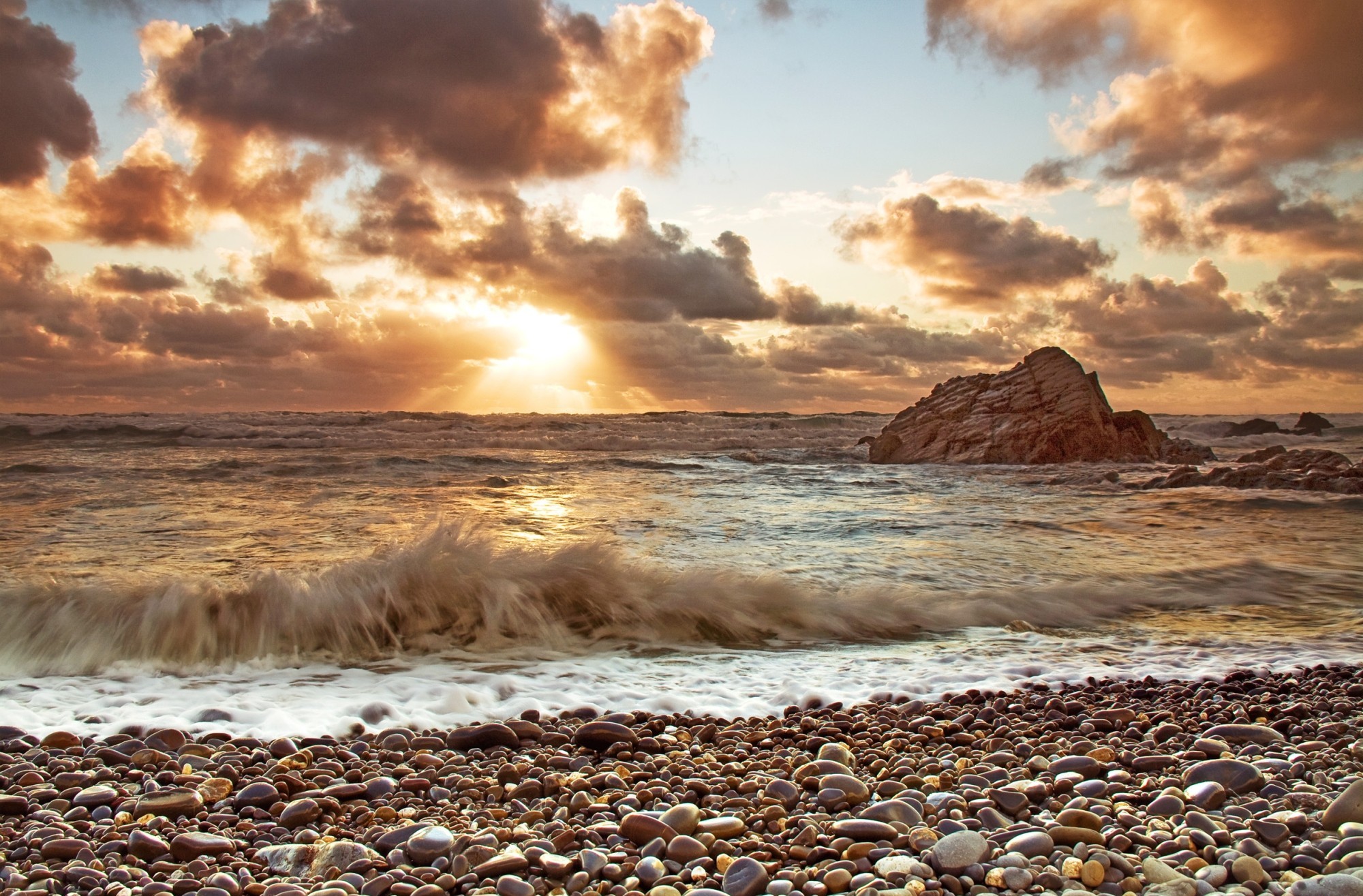 sunset, earth, cloud, pebbles, sea, wave