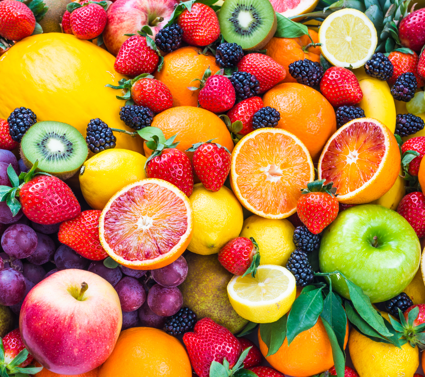 Laden Sie das Erdbeere, Trauben, Kiwi, Brombeere, Zitrone, Frucht, Nahrungsmittel, Orange Farbe), Früchte-Bild kostenlos auf Ihren PC-Desktop herunter