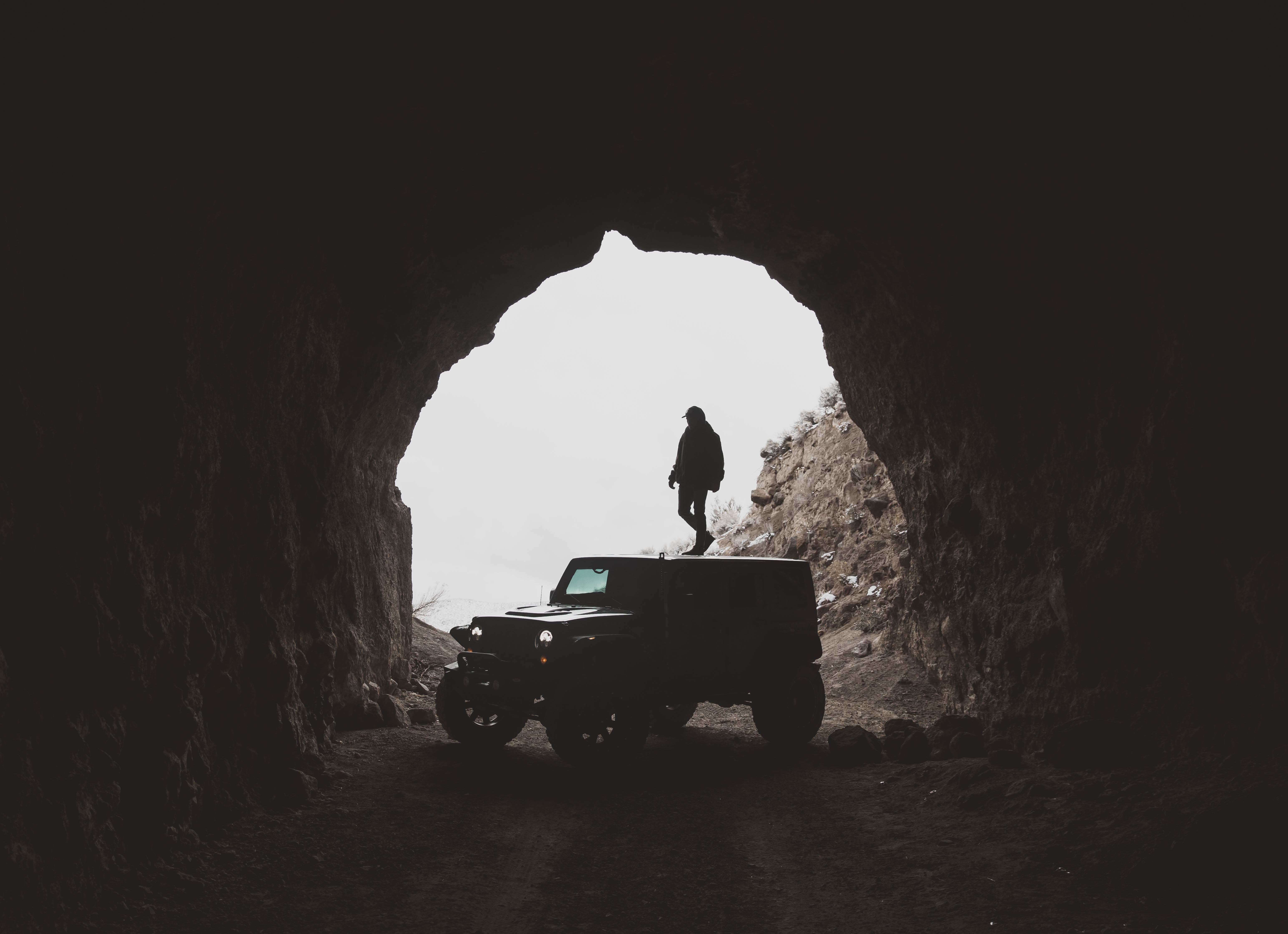 suv, human, jeep, cars, silhouette, person, tunnel HD wallpaper