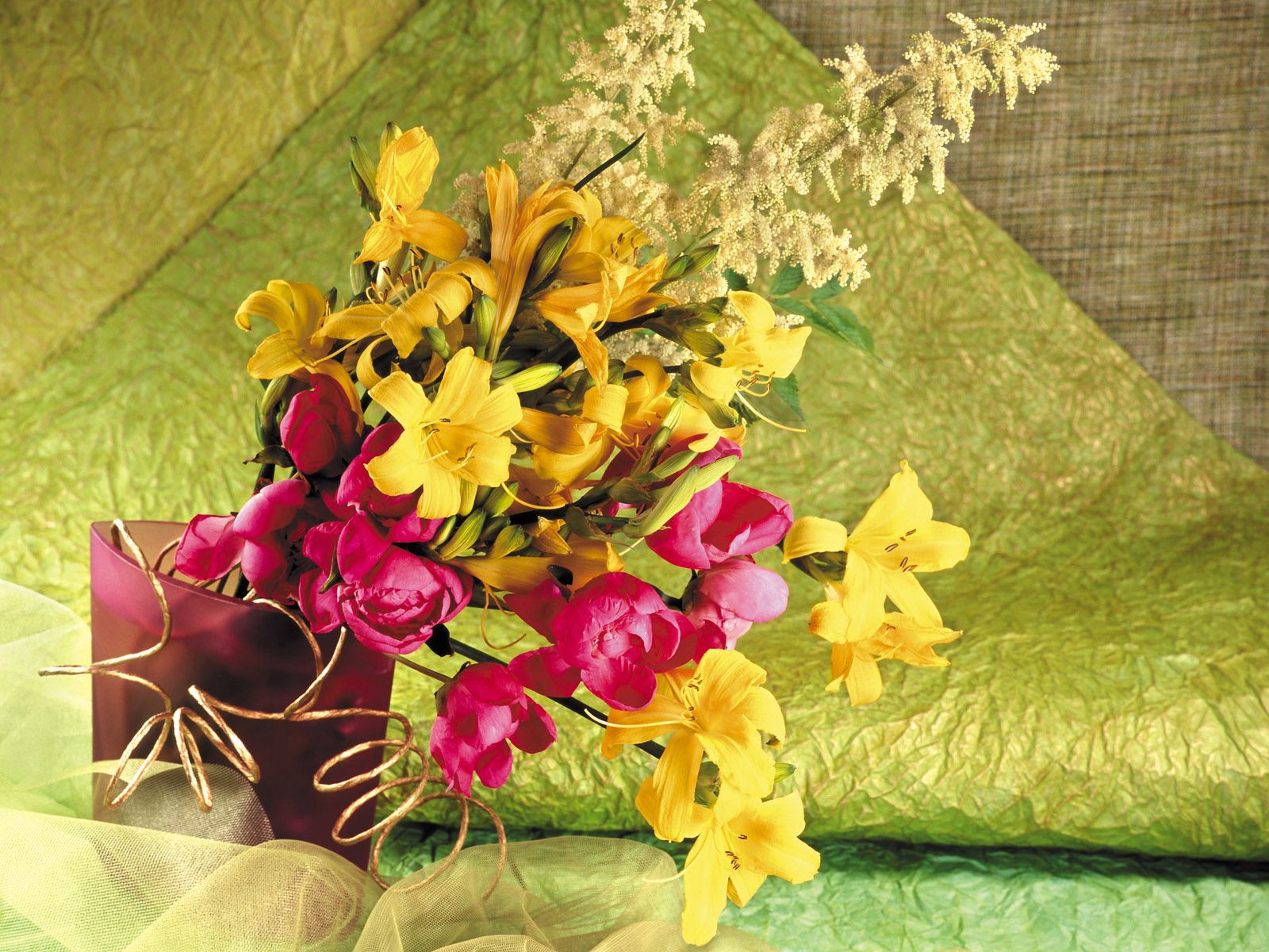 flowers, pink, lilies, peonies, yellow, vase