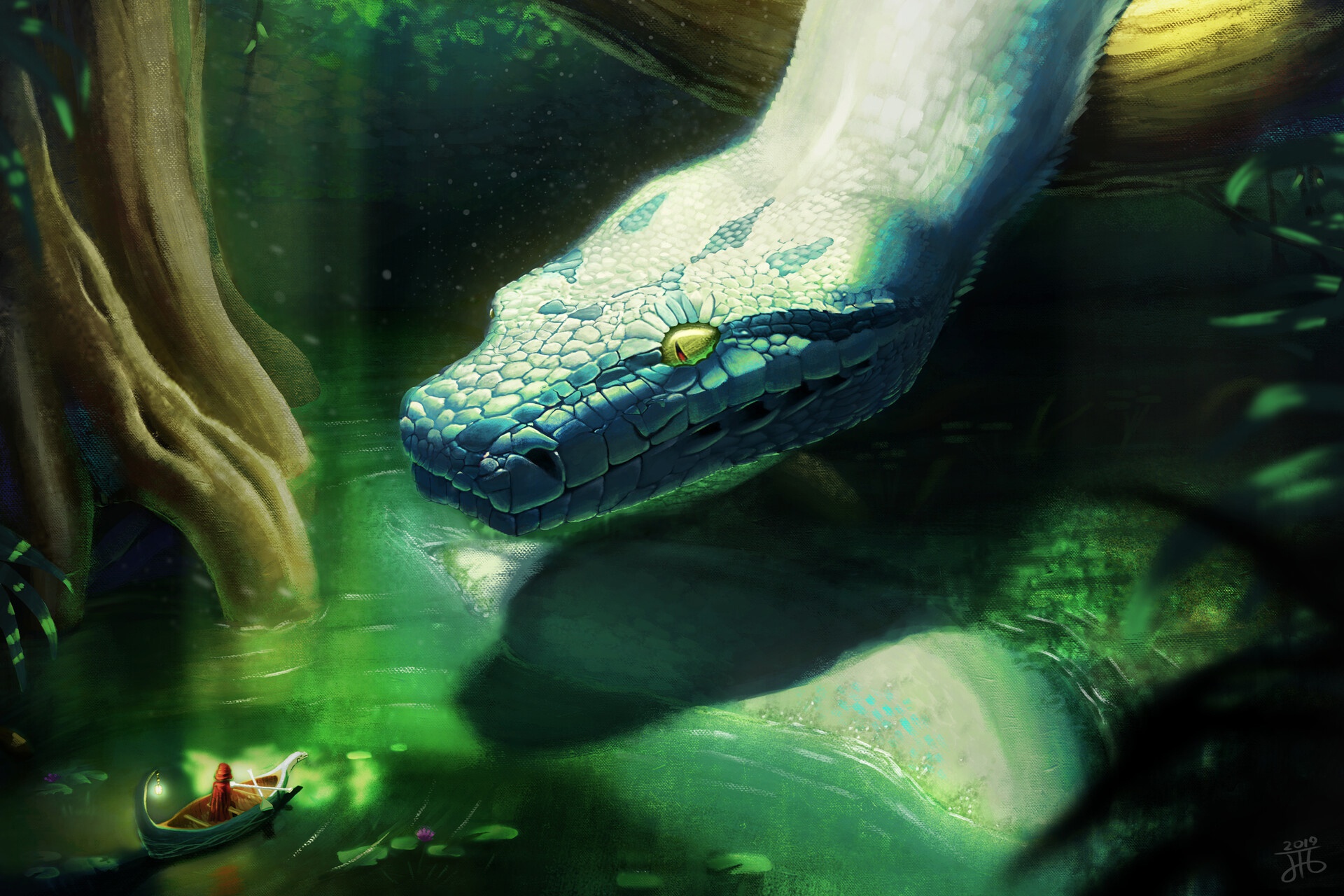 Free download wallpaper Fantasy, Animal, Boat, Snake, Creature, Giant, Fantasy Animals on your PC desktop